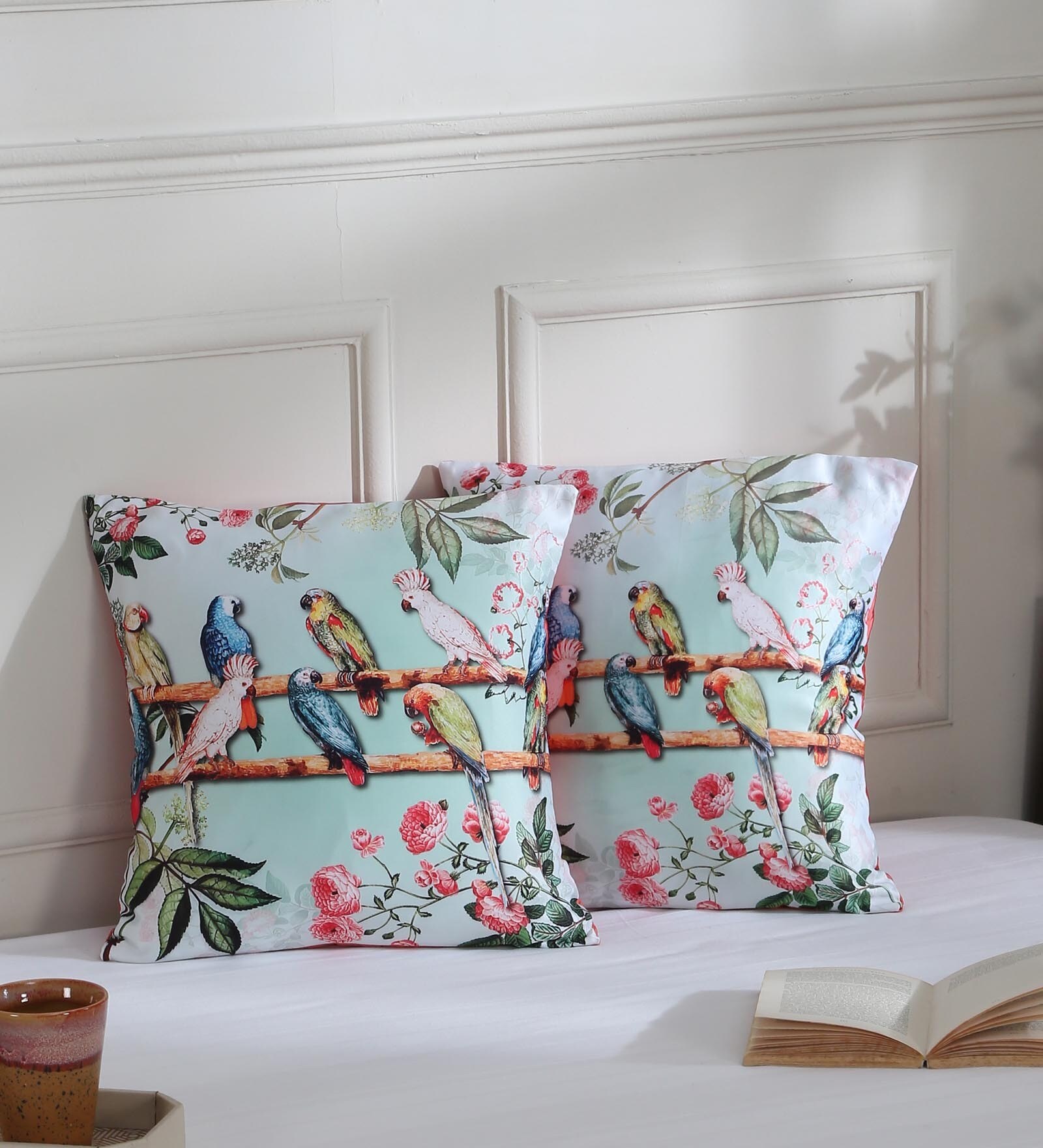 Multicolor Floral & Birds Printed Satin Blend 16 x 16 Inches Cushion Covers (Set of 2)