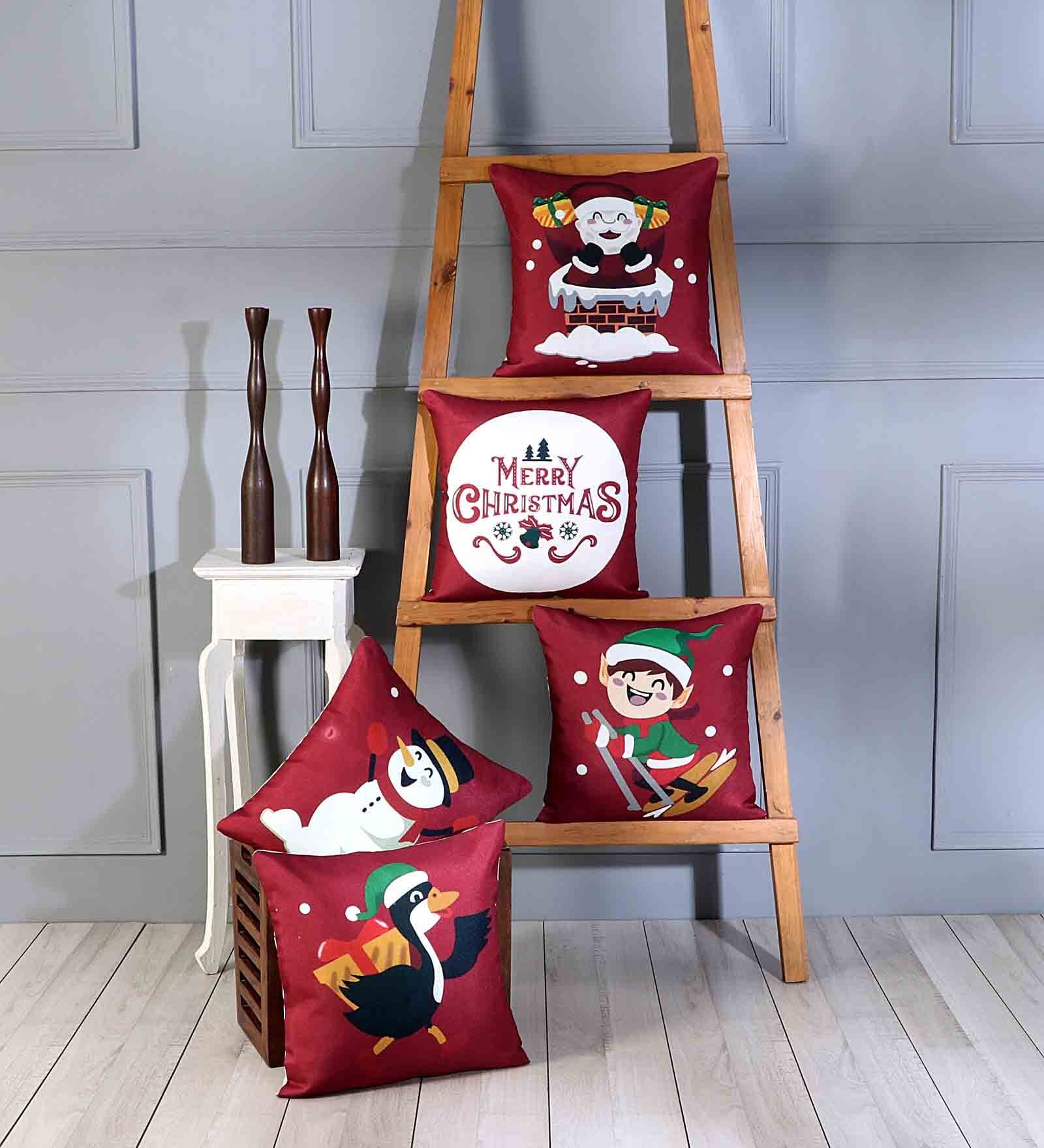 Red Polyester Christmas Special 16x16 inches Cushion Covers (Pack of 5)