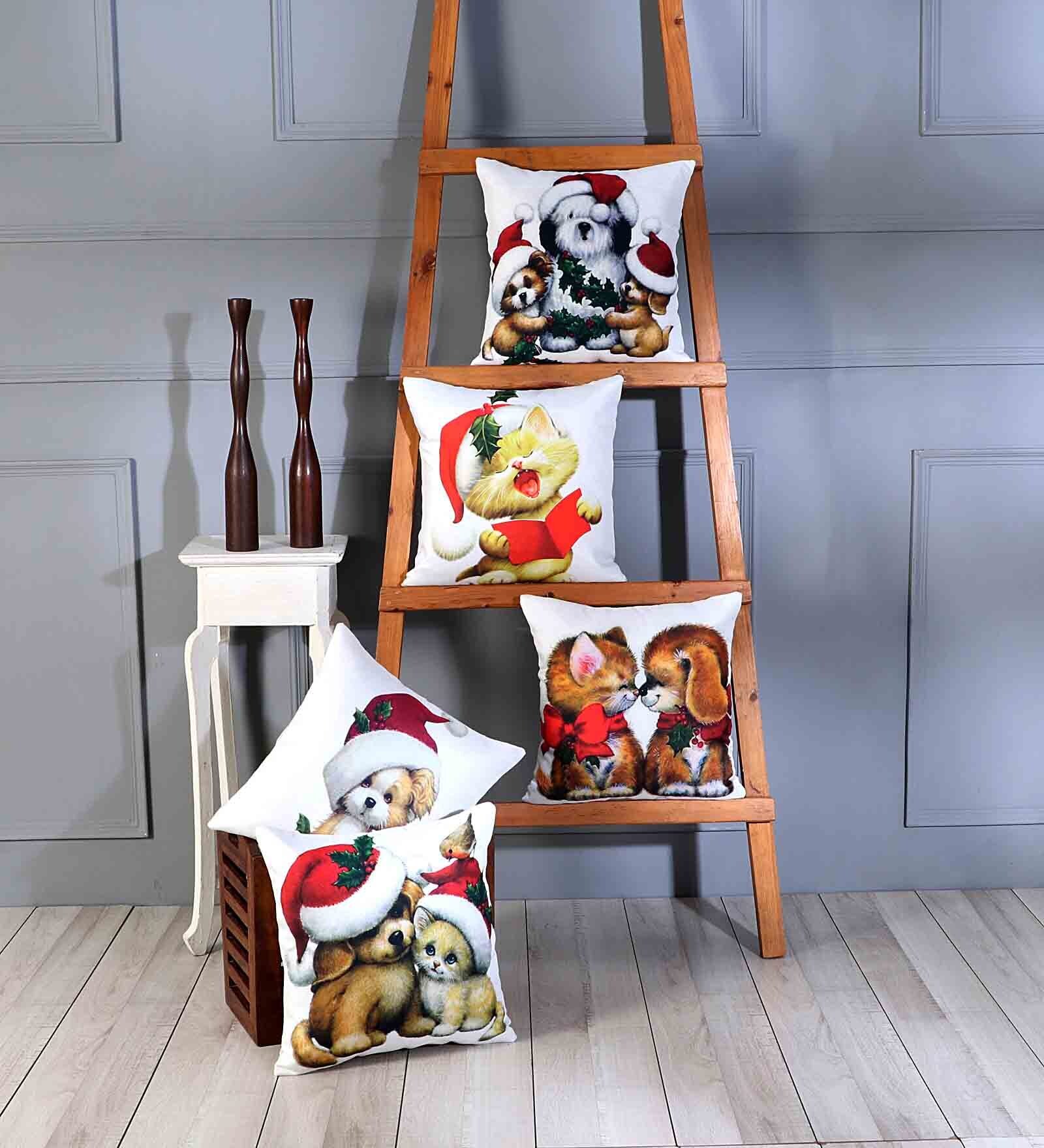 Multicolor Polyester Christmas Special 16x16 inches Cushion Covers (Pack of 5)