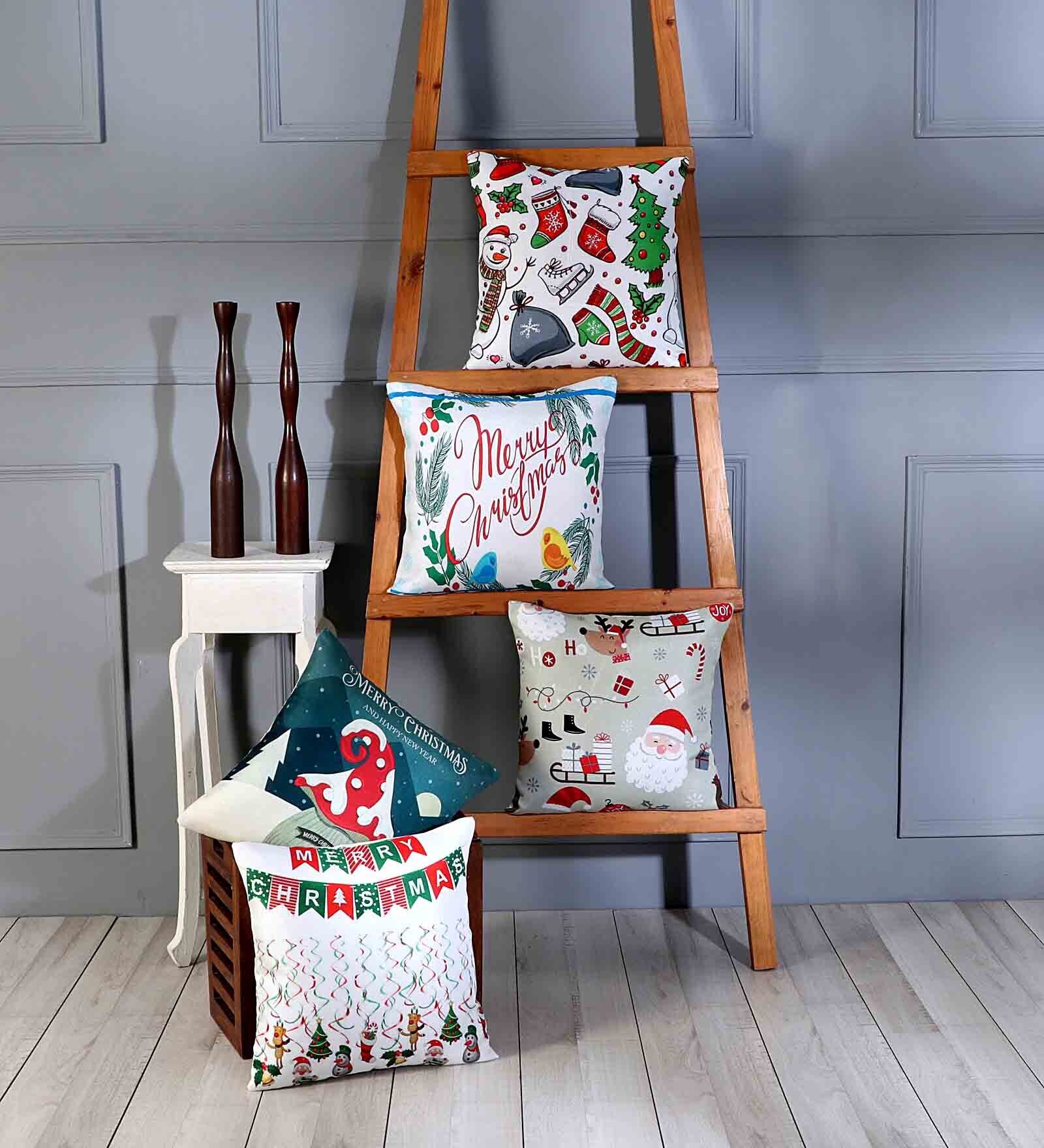 Multicolor Polyester Christmas Special 16x16 inches Cushion Covers (Pack of 5)