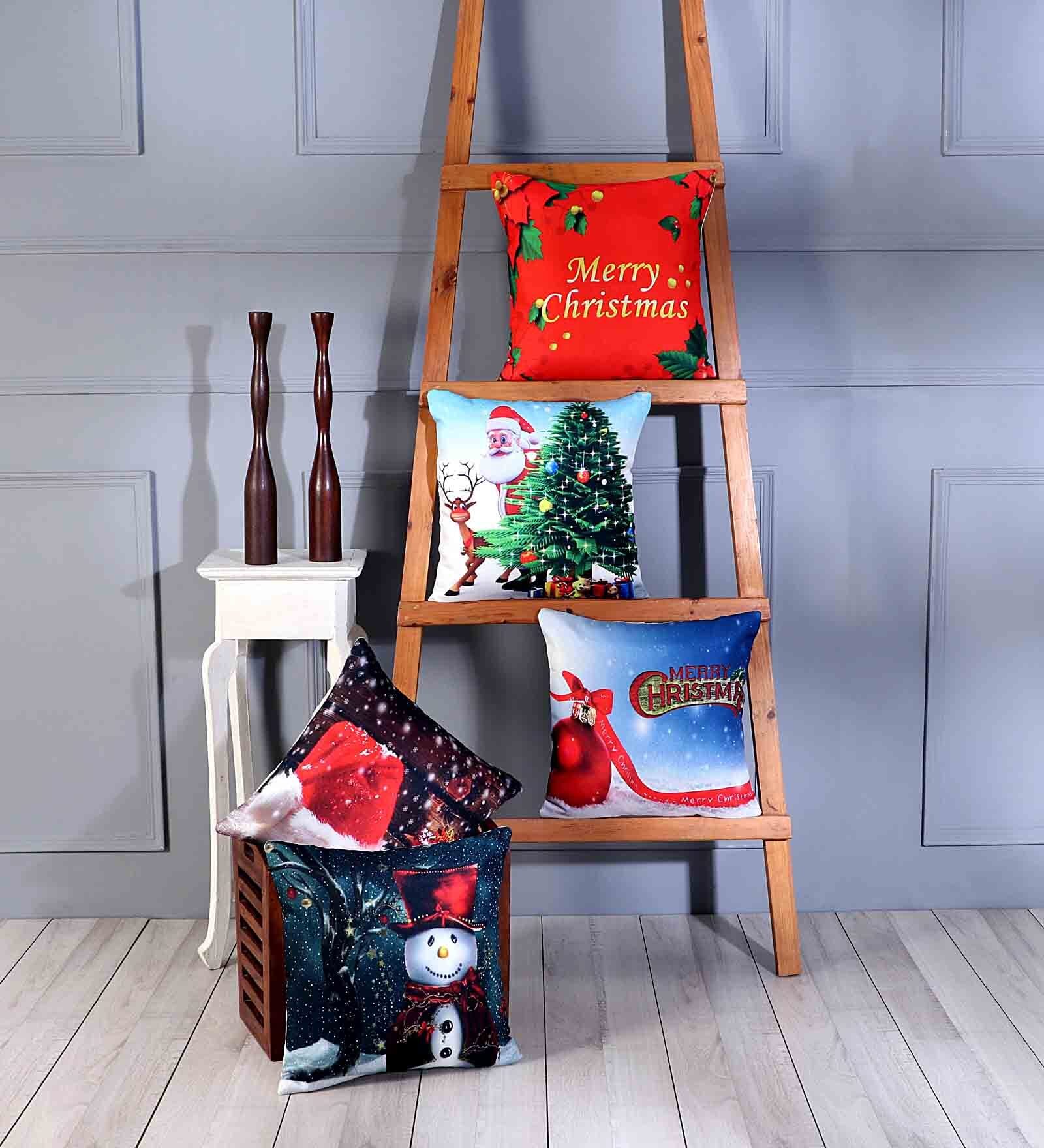 Multicolor Polyester Christmas Special 16x16 inches Cushion Covers (Pack of 5)