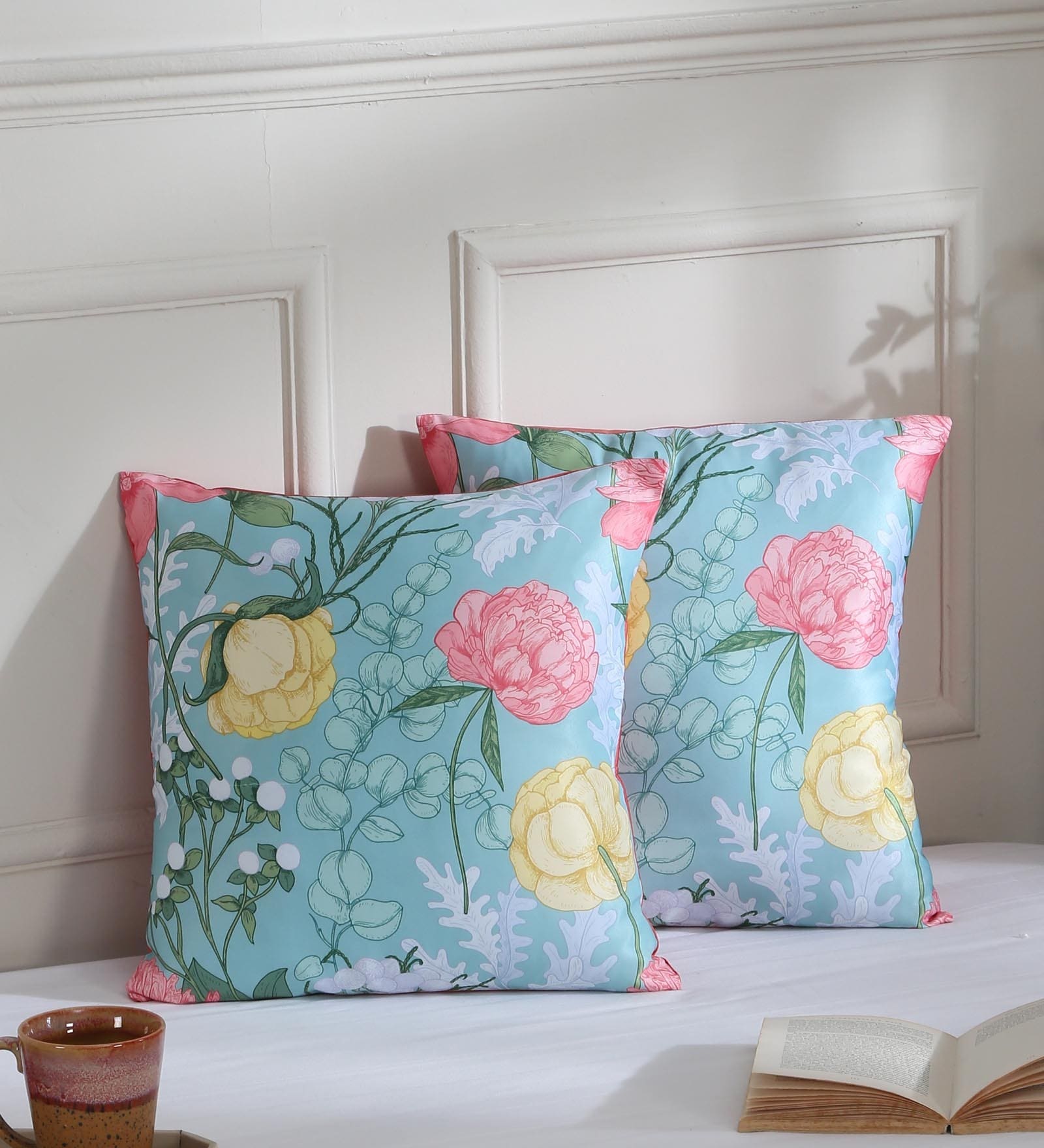 Blue Floral Polyester 16 x 16 Inches Cushion Covers (Set of 2)