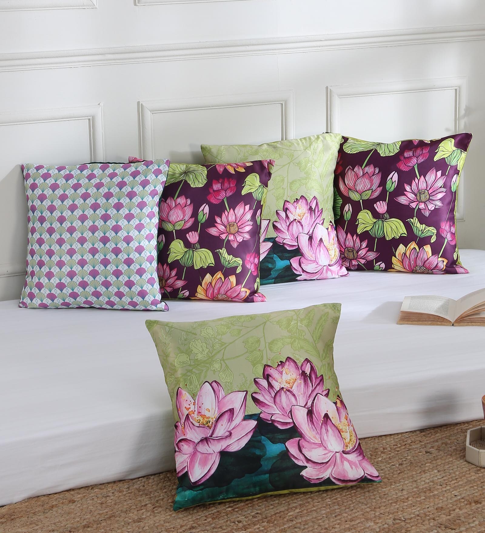 Black & Red Floral Polyester 16 x 16 Inches Cushion Covers (Set of 5)