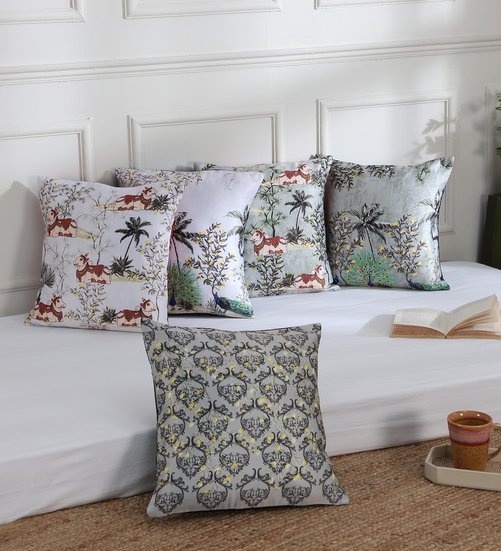 Grey Floral Polyester 16 x 16 Inches Cushion Covers (Set of 5)