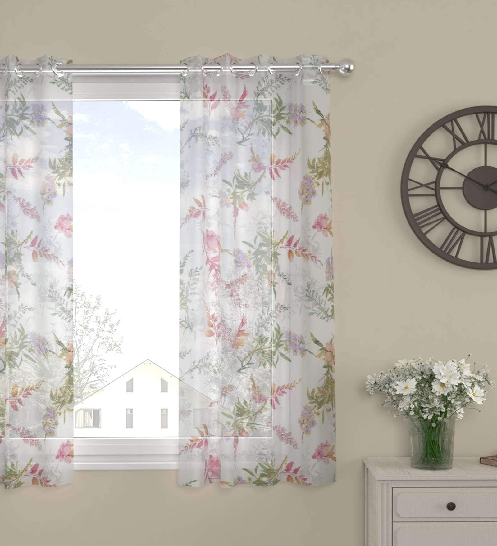 Multicolor Polyester Floral 5ft Sheer Eyelet Window Curtain