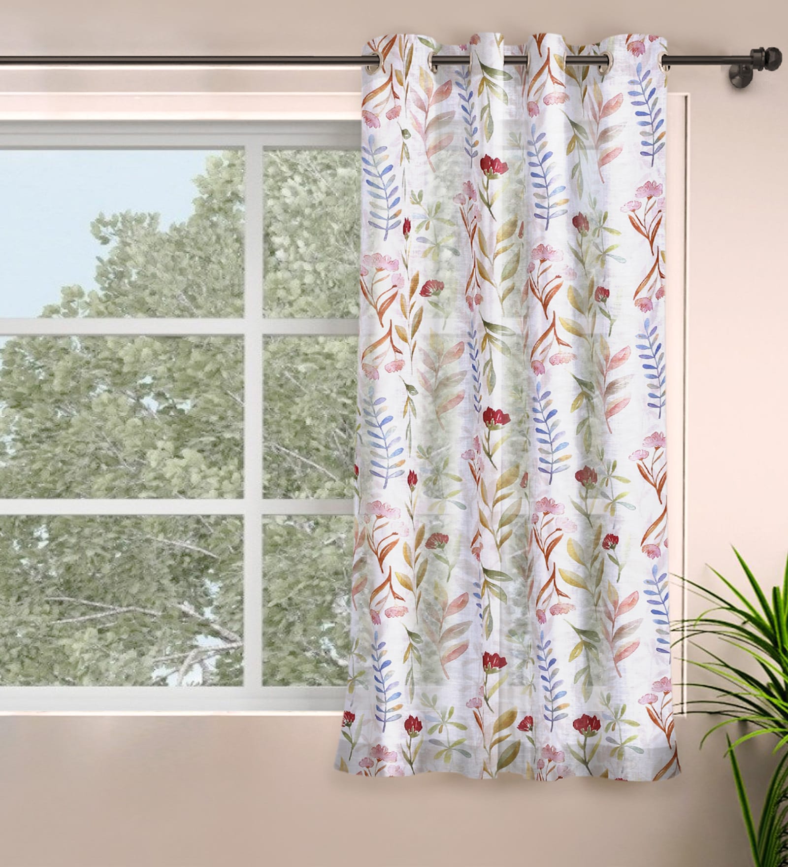 Multicolor Polyester Floral 5ft Sheer Eyelet Window Curtain