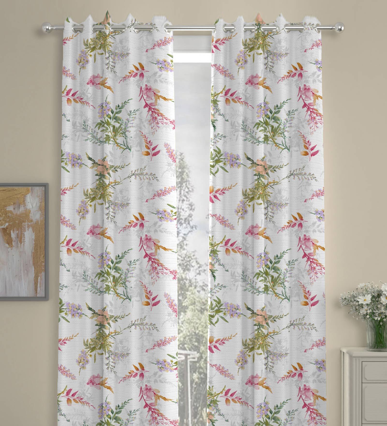 White Floral Polyester 9 Ft Semisheer Eyelet Door Curtains (Set of 2)
