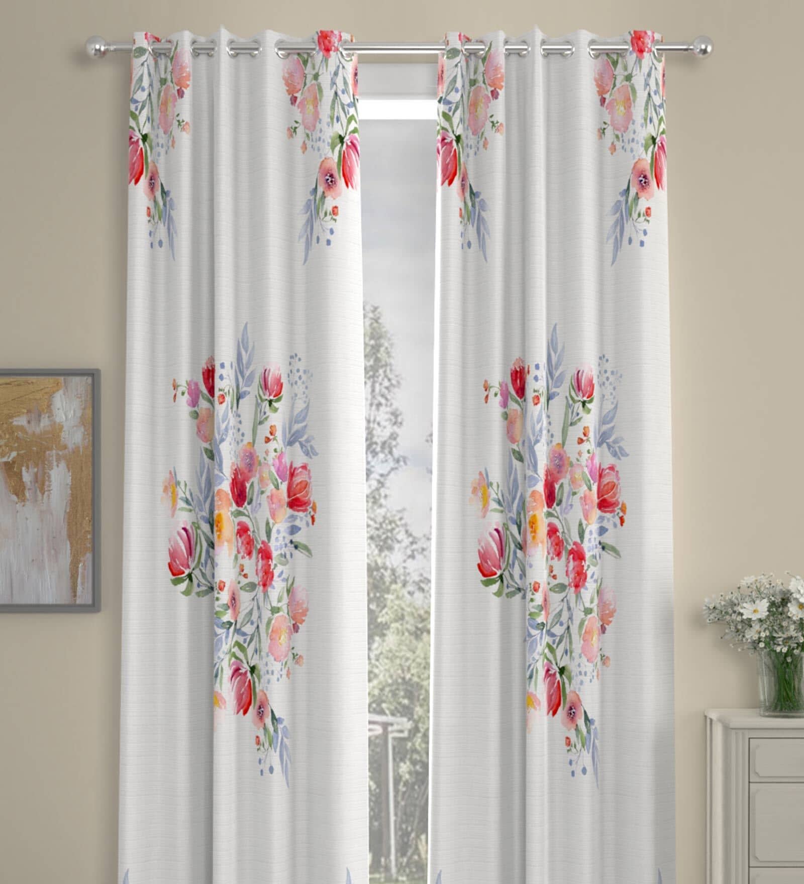 White Floral Polyester 9 Ft Semisheer Eyelet Door Curtains (Set of 2)