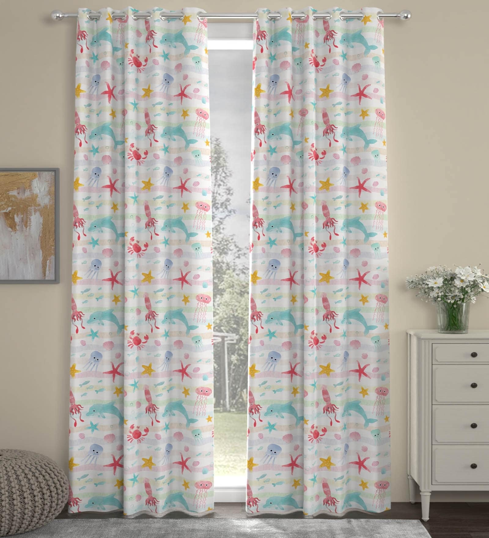 Multicolor Polyester Abstract 9ft Semisheer Eyelet (2 pc) Long Door Curtains