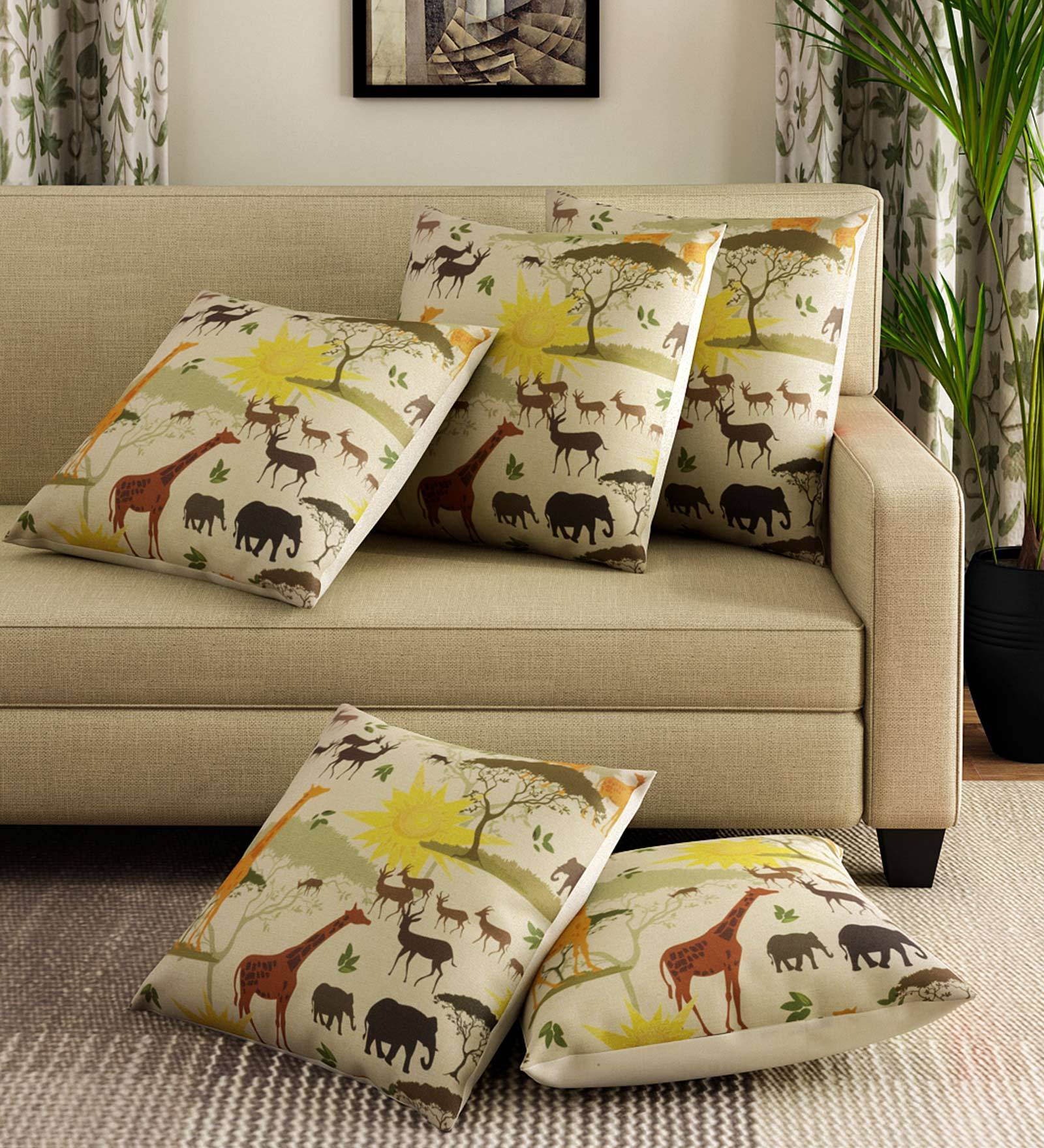 Buy Set of 5 Abstract Pattern Polyester Yellow Cushion Covers 16 x 16