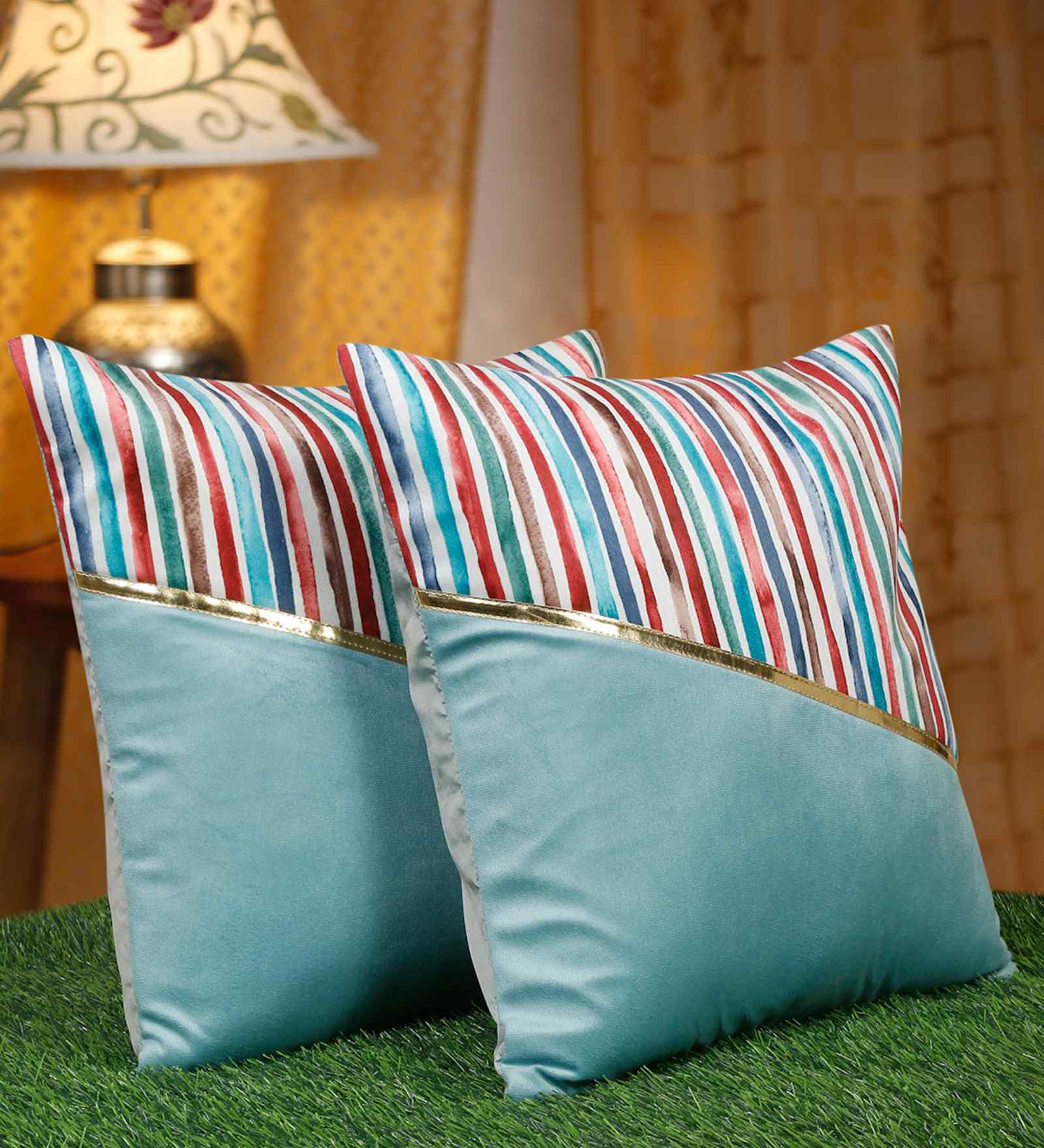 Multicolor Polyester Striped 16X16 Inches Cushion Covers (Pack of 2)