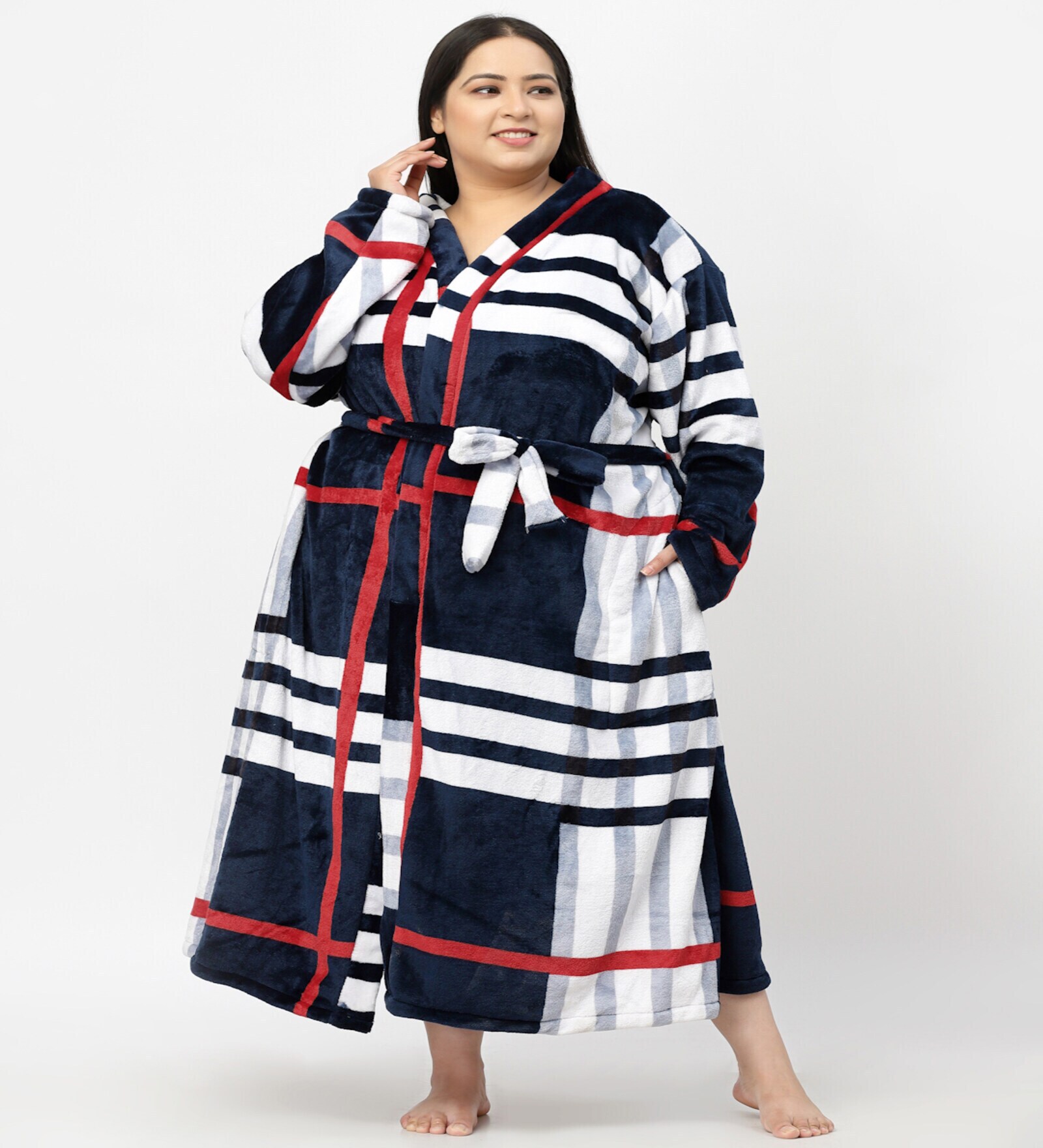 Multicolor Printed Woolen Women Bath Robe With Belt (3XL)