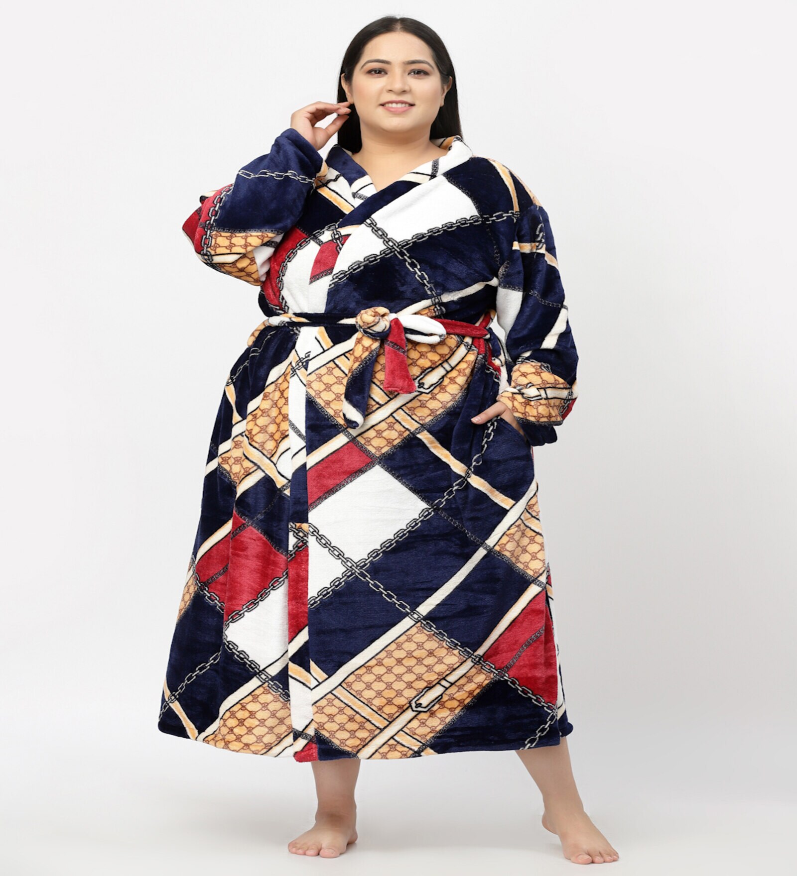 Multicolor Geometric Woolen Women Bath Robe With Belt (3XL)