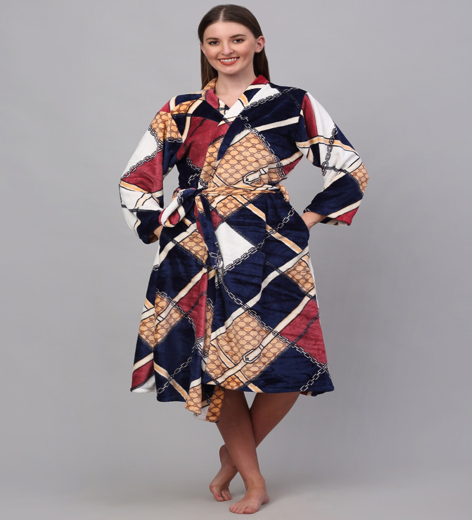 Multicolor Geometric Woolen Women Bath Robe With Belt (L)