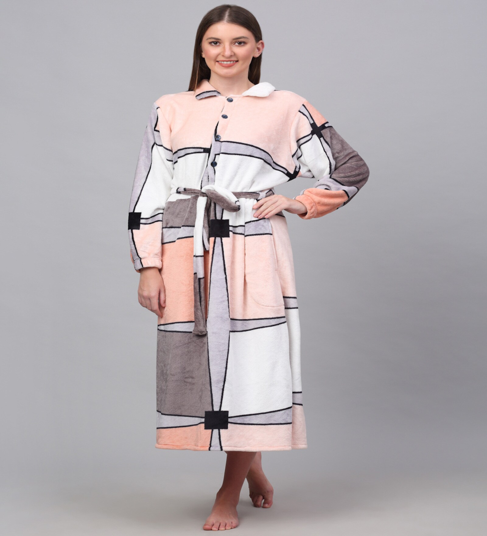 Multicolor Printed Woolen Women Bath Robe With Belt (L)