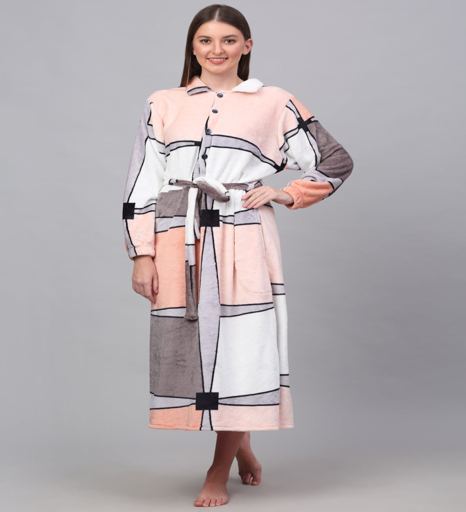 Multicolor Printed Woolen Women Bath Robe With Belt (M)