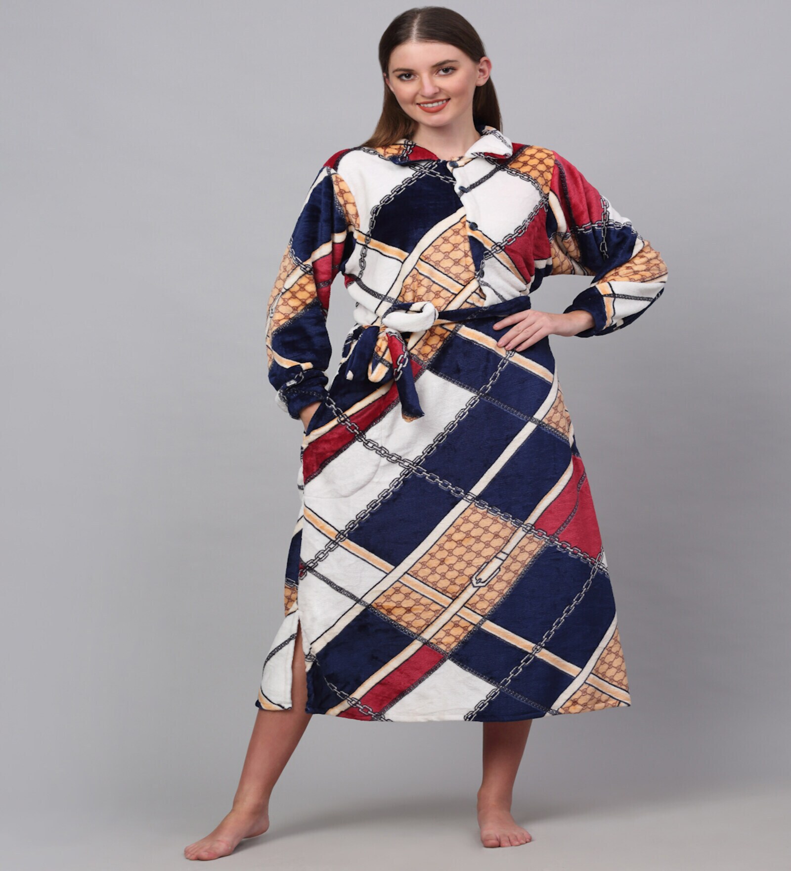 Multicolor Geometric Woolen Women Bath Robe With Belt (M)