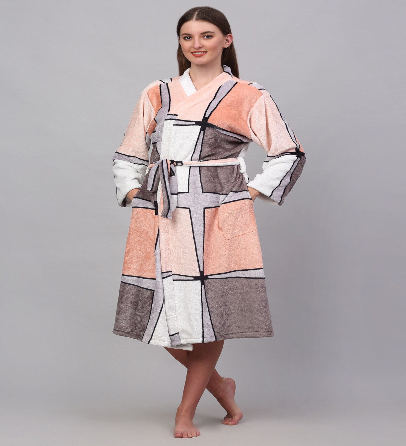 Multicolor Geometric Woolen Women Bath Robe With Belt (M)