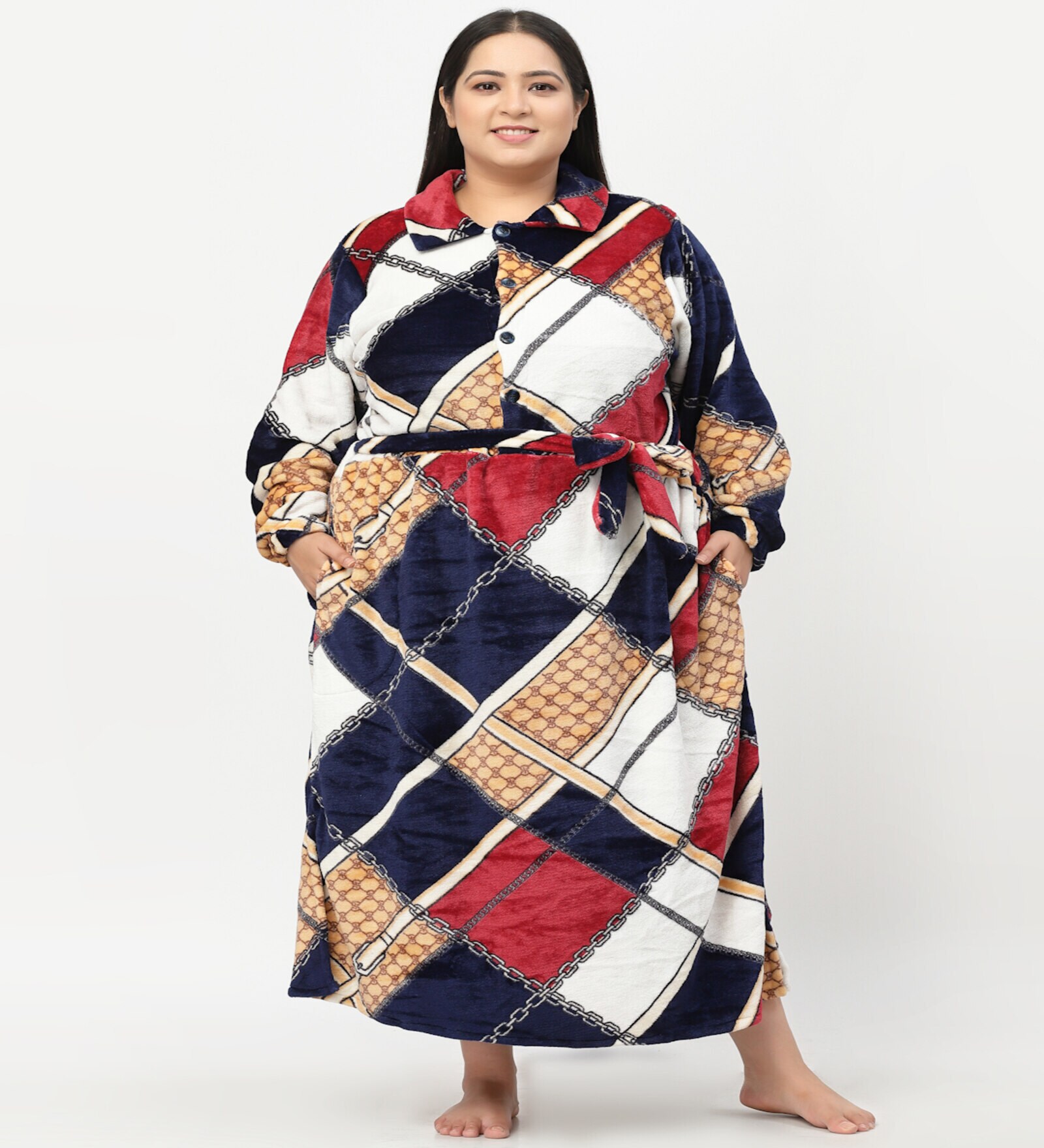 Multicolor Geometric Woolen Women Bath Robe With Belt (XXL)