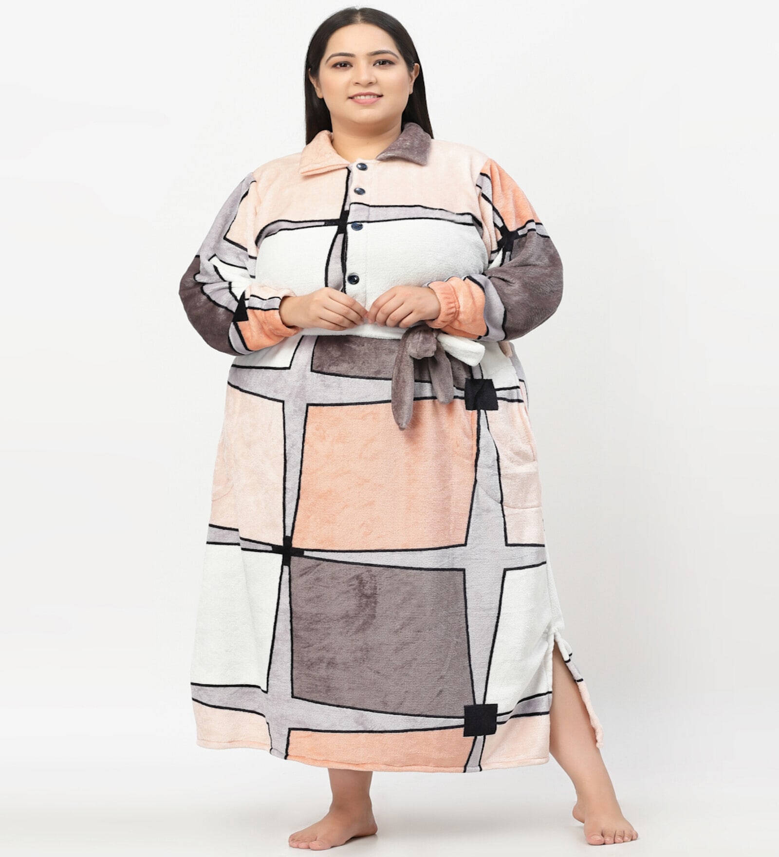 Multicolor Printed Woolen Women Bath Robe With Belt (XXL)