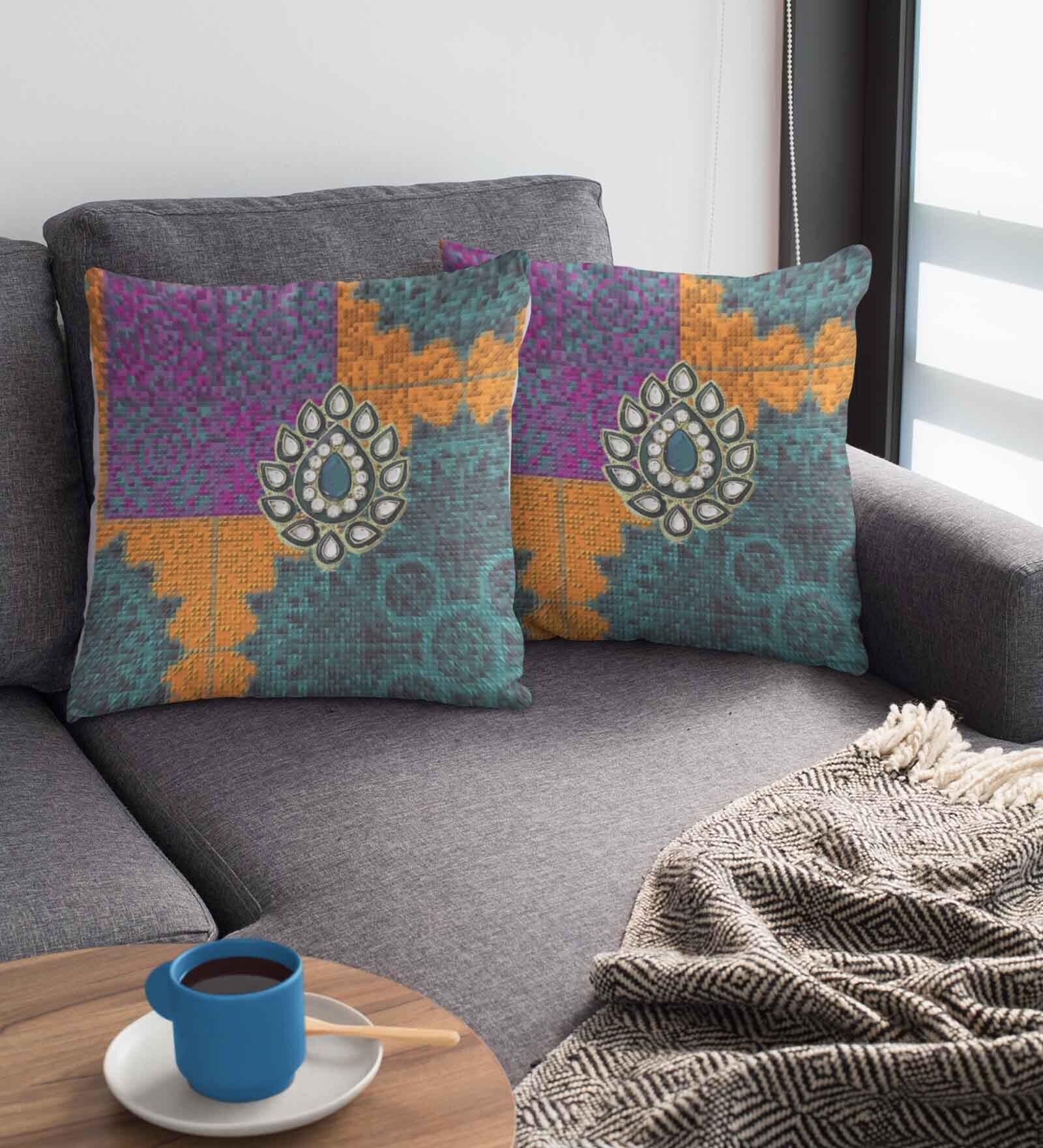Multicolor Satin Ethnic motif 16x16 inches Cushion Covers (Pack of 2)