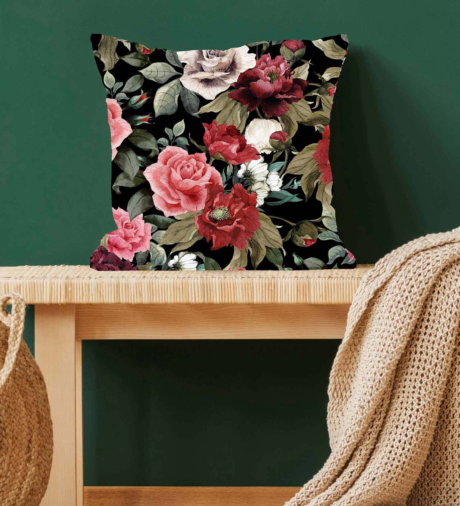 Turquoise Floral Satin 16 x 16 Inches Cushion Cover