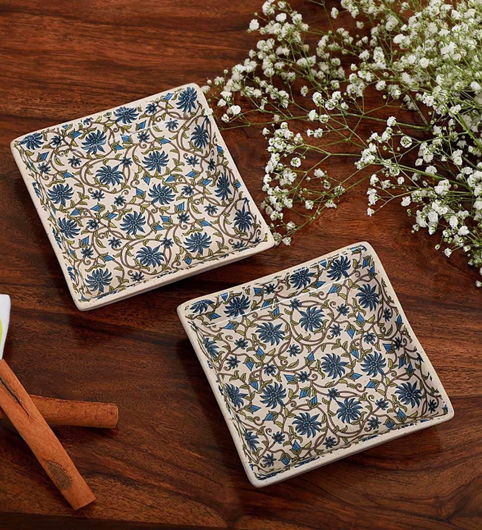 Multicolor Set of 2 Stoneware Square Appetizer  Platters 
