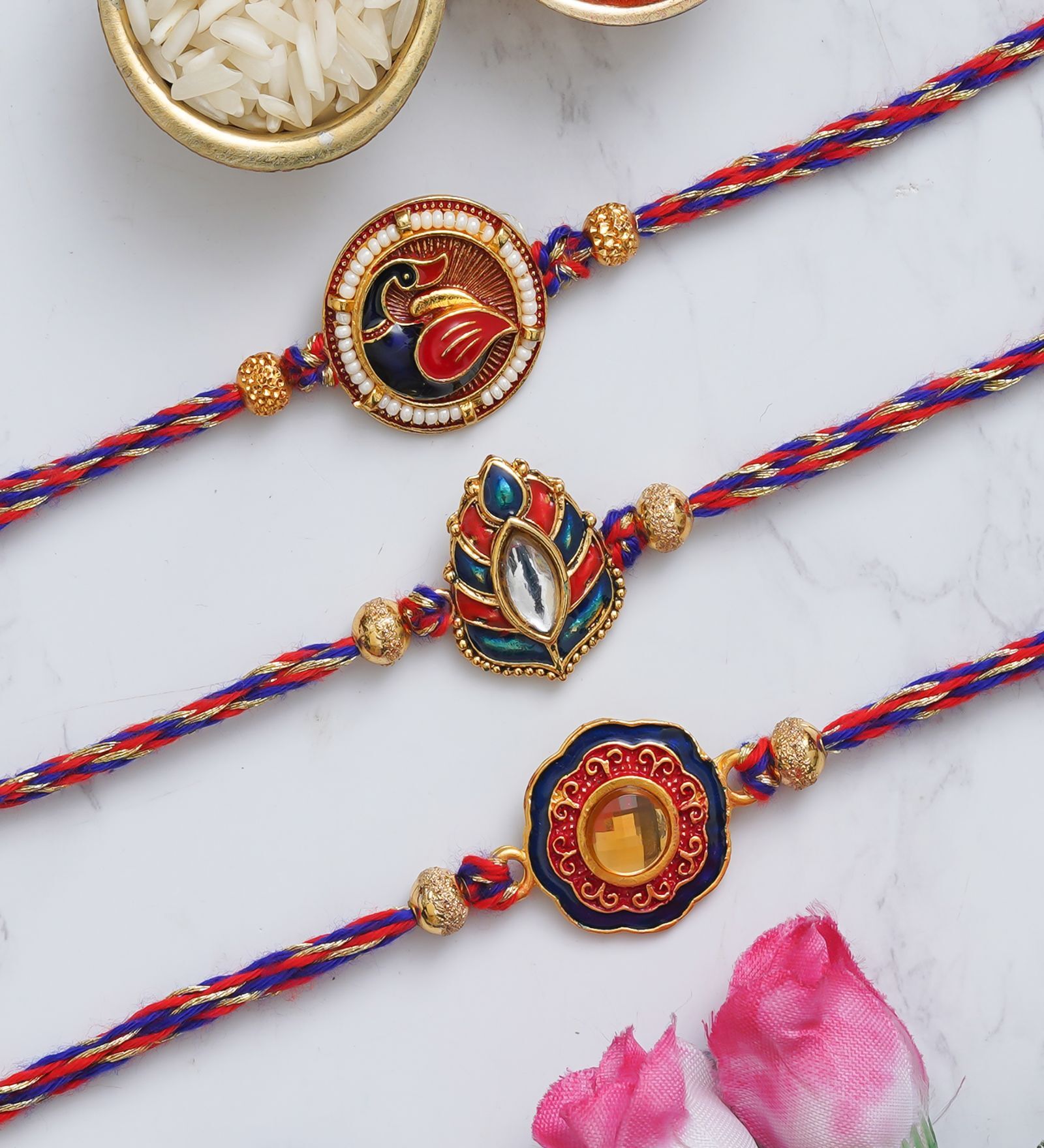 Buy Multicolor Set of 3 Semi Precious Stone Designer Rakhis with Roli ...