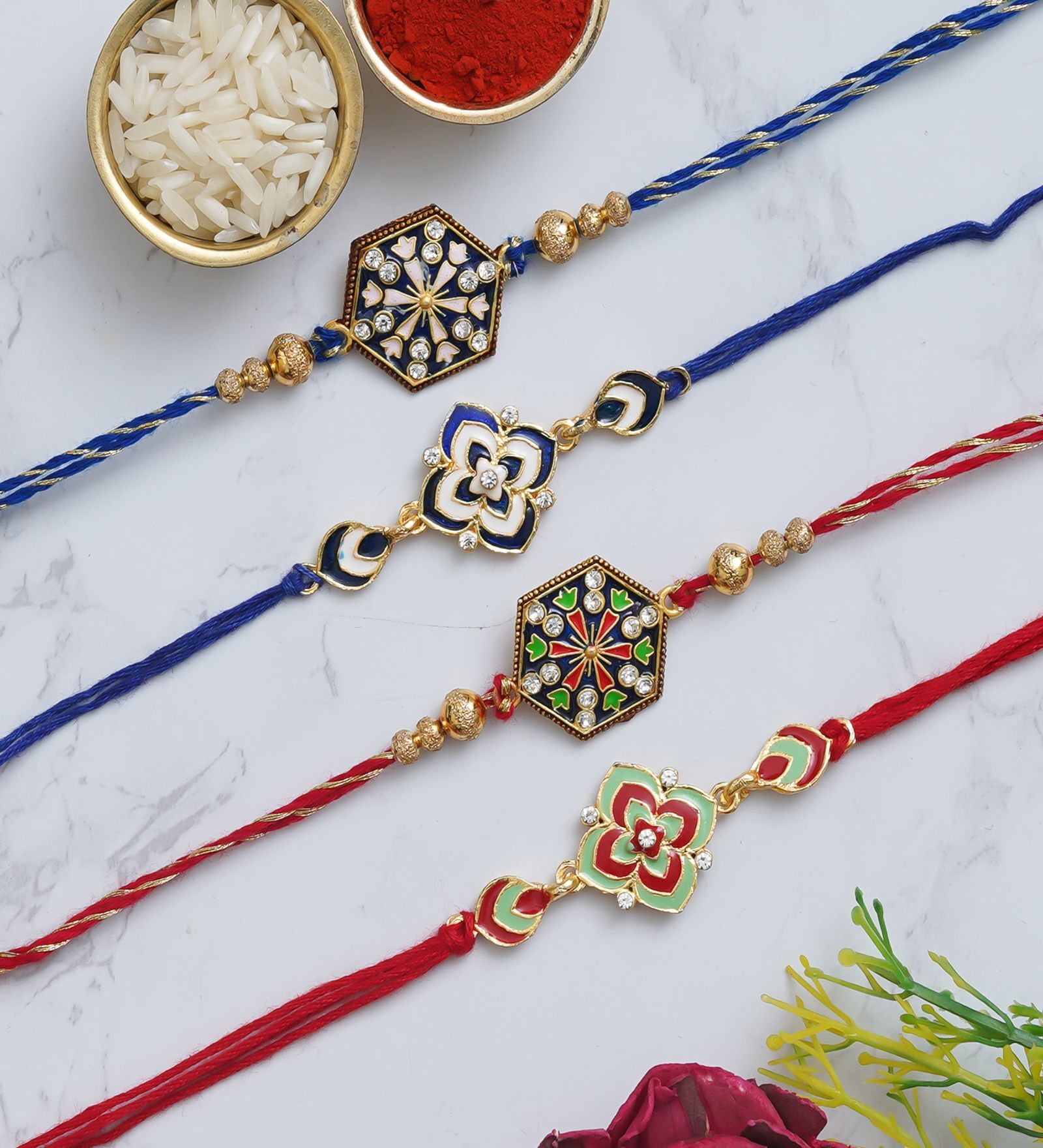 Buy Multicolor Set of 4 Semi Precious Rakhis with Roli Chawal Pack at ...