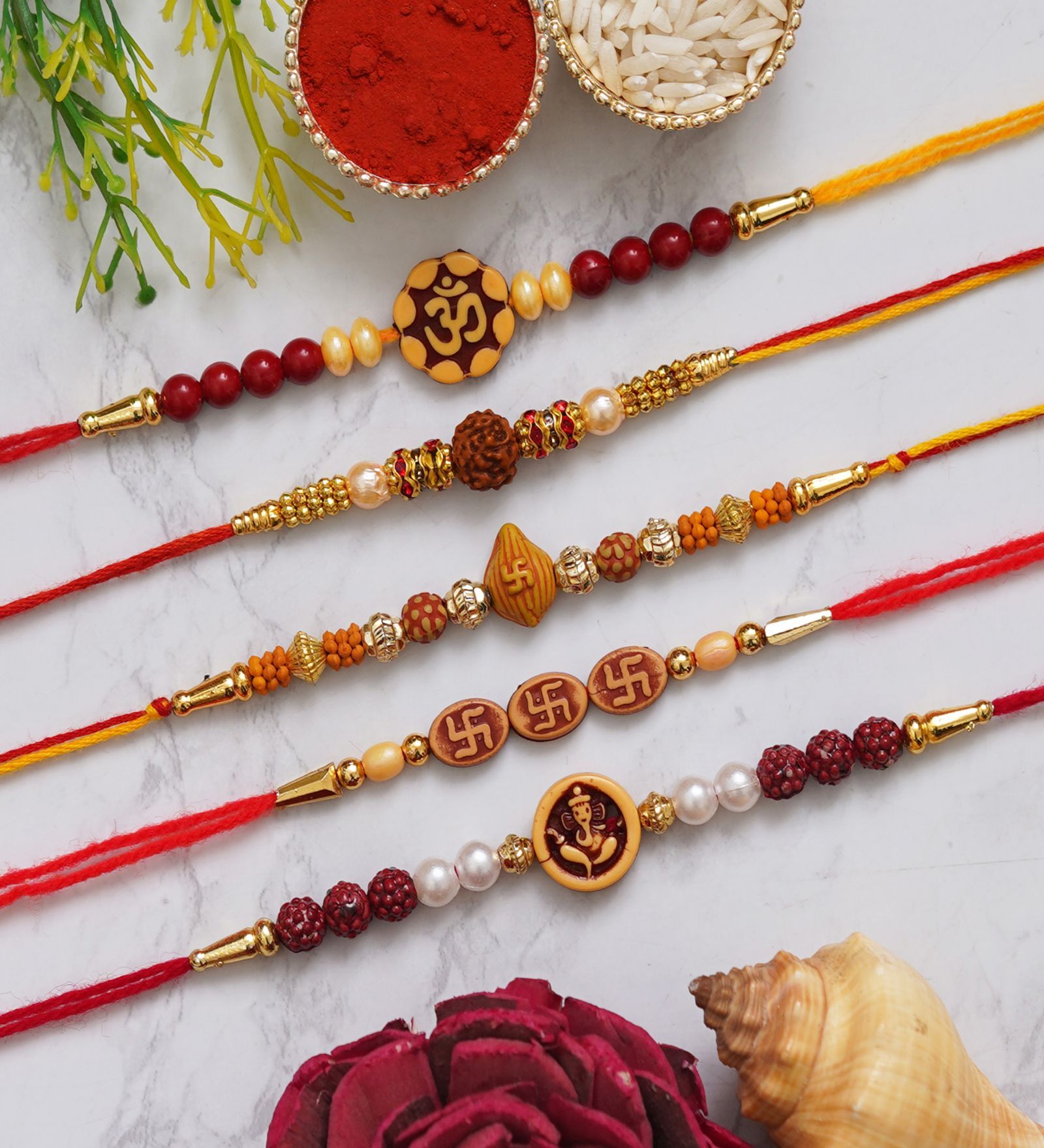 Buy Multicolor Set of 5 Om, Rudraksha, Swastik, Pearls, Ganesha ...