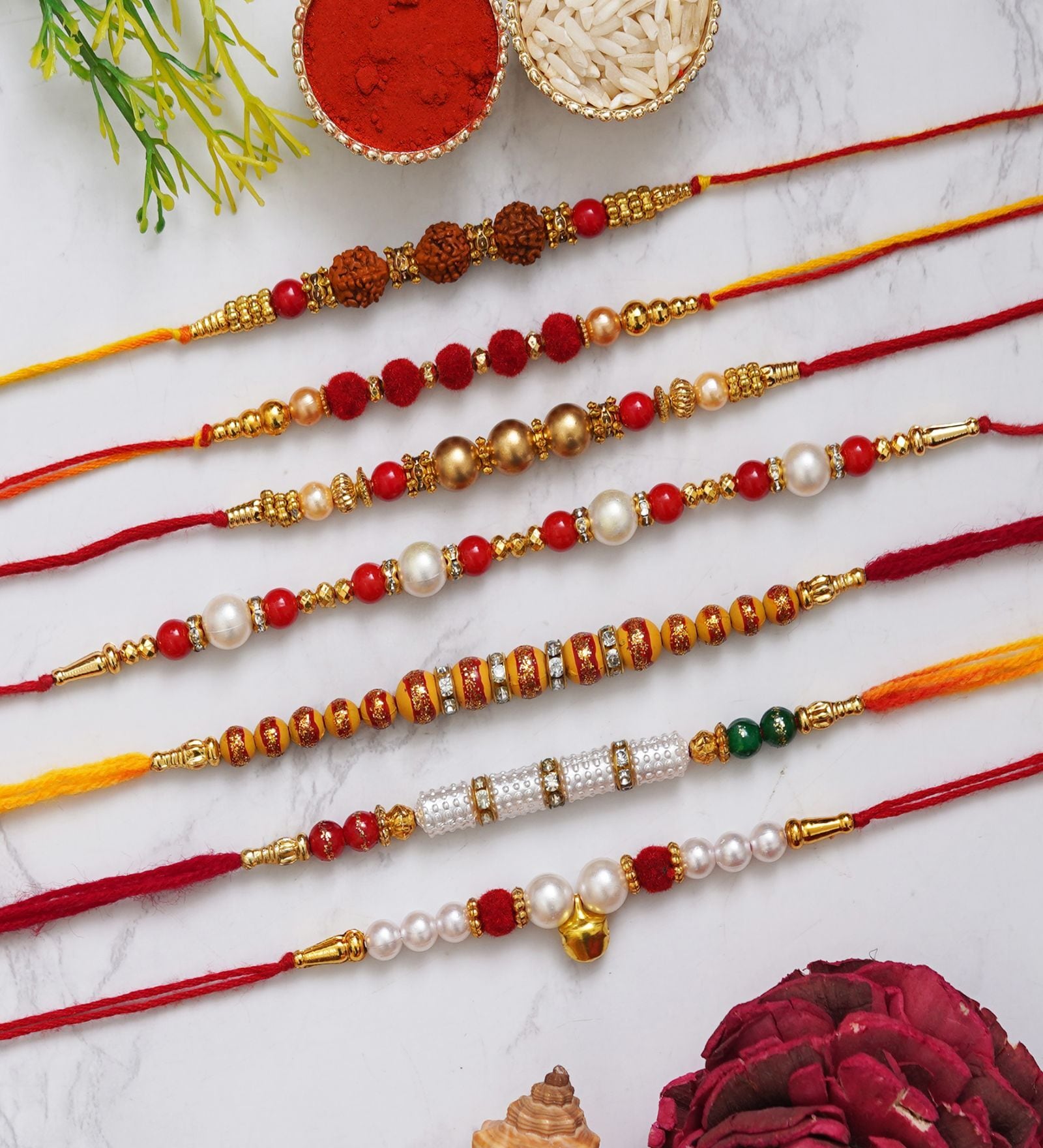 Buy Multicolor Set of 7 Rudraksha, Beads, Pearls, Designer Rakhis with ...