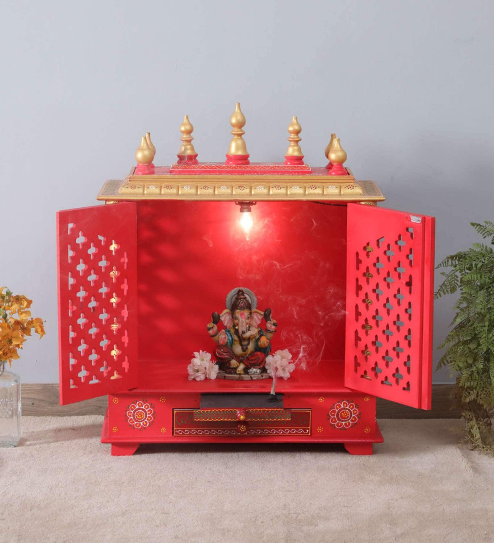 Pink Sheesham Wood & MDF Floor Rested Mandir With Door