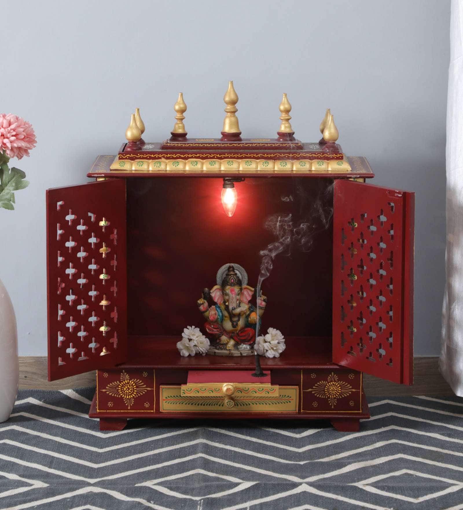 Brown Sheesham Wood and MDF Floor Rested Mandir With Door