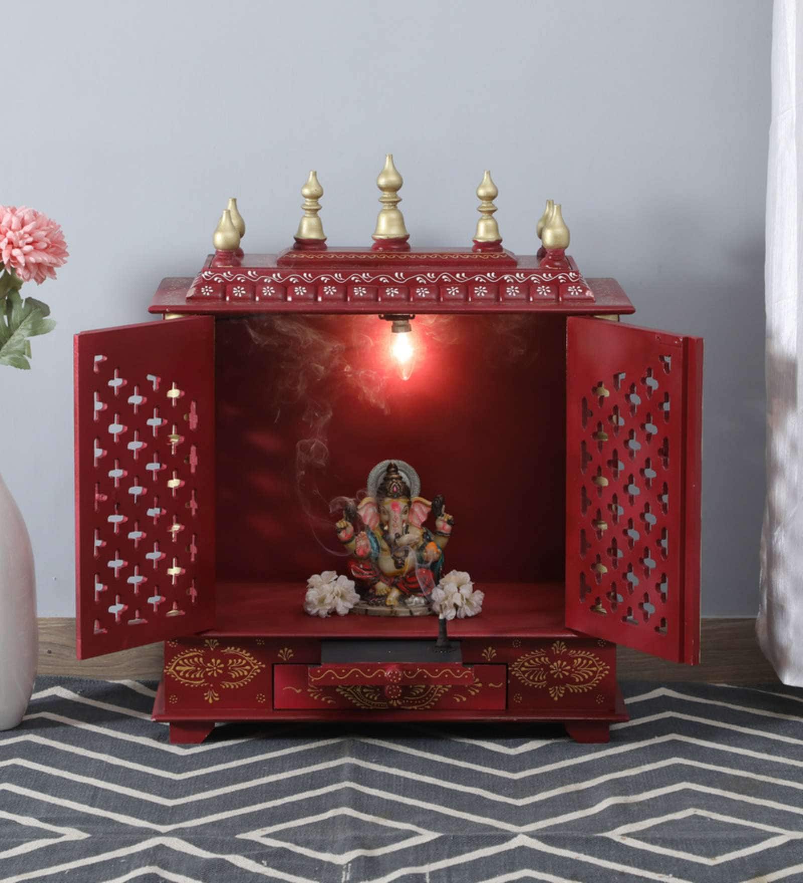 Brown Sheesham Wood and MDF Floor Rested Mandir With Door