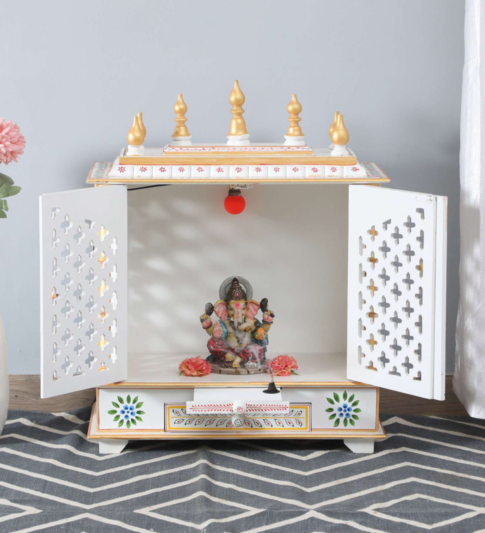 White Sheesham Wood & MDF Floor Rested Mandir With Door
