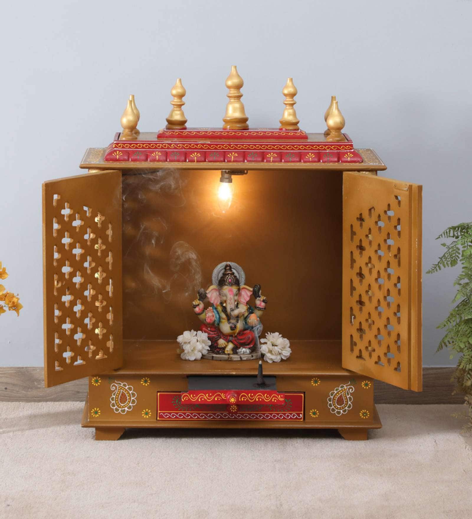 Brown Sheesham Wood & MDF Floor Rested Mandir With Door