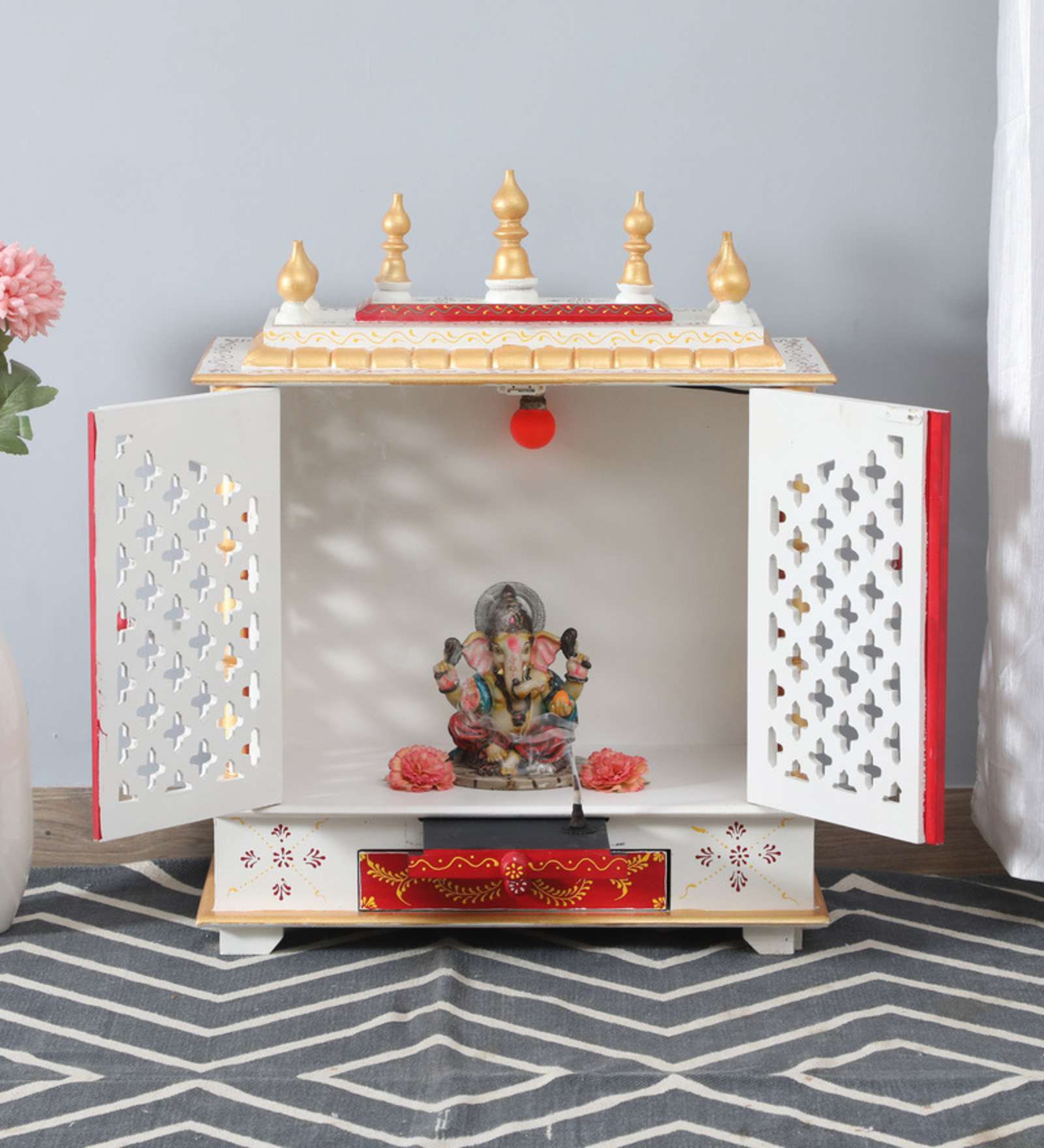 White Sheesham Wood and MDF Floor Rested Mandir With Door