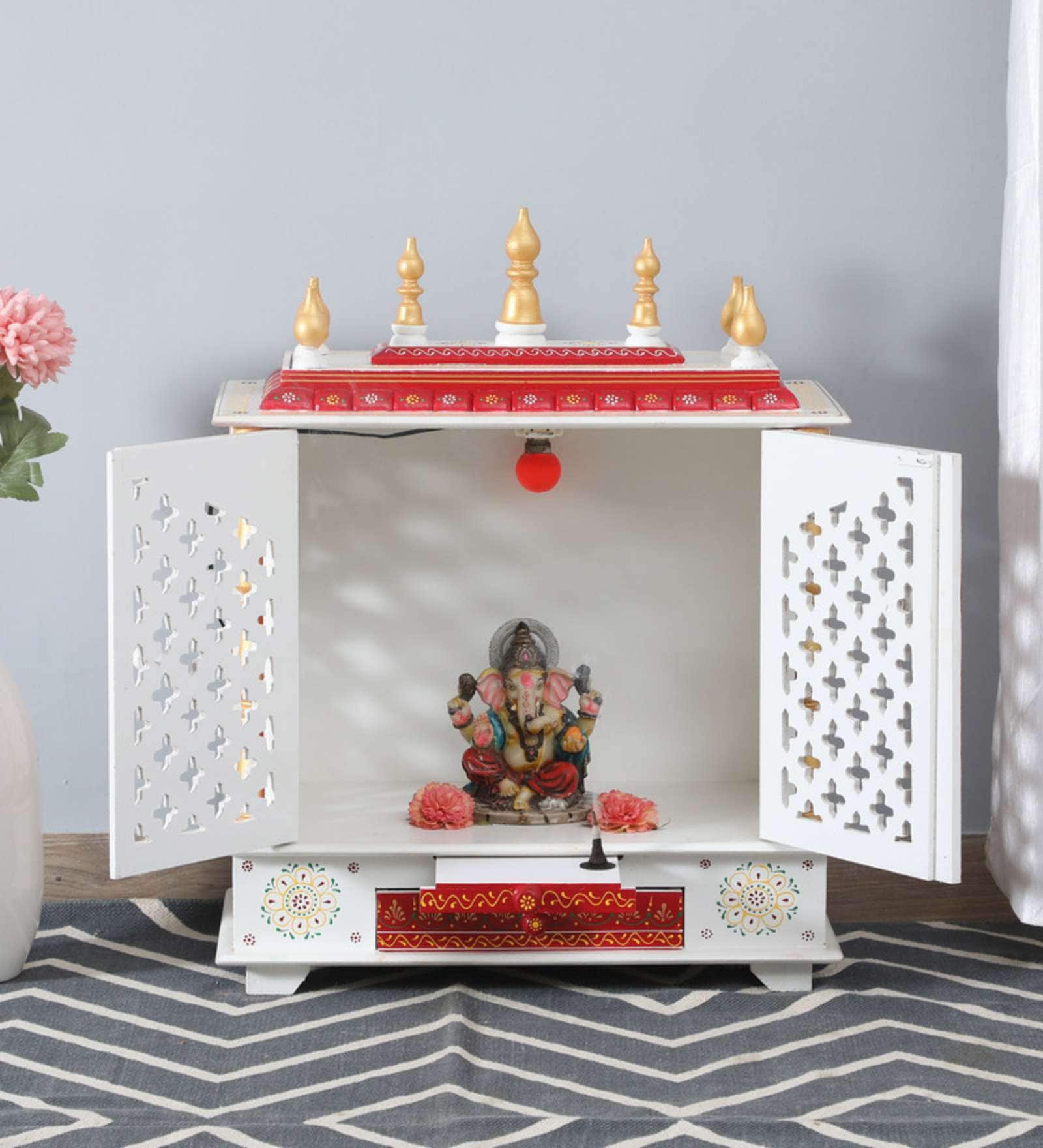 White Sheesham Wood and MDF Floor Rested Mandir Without Door