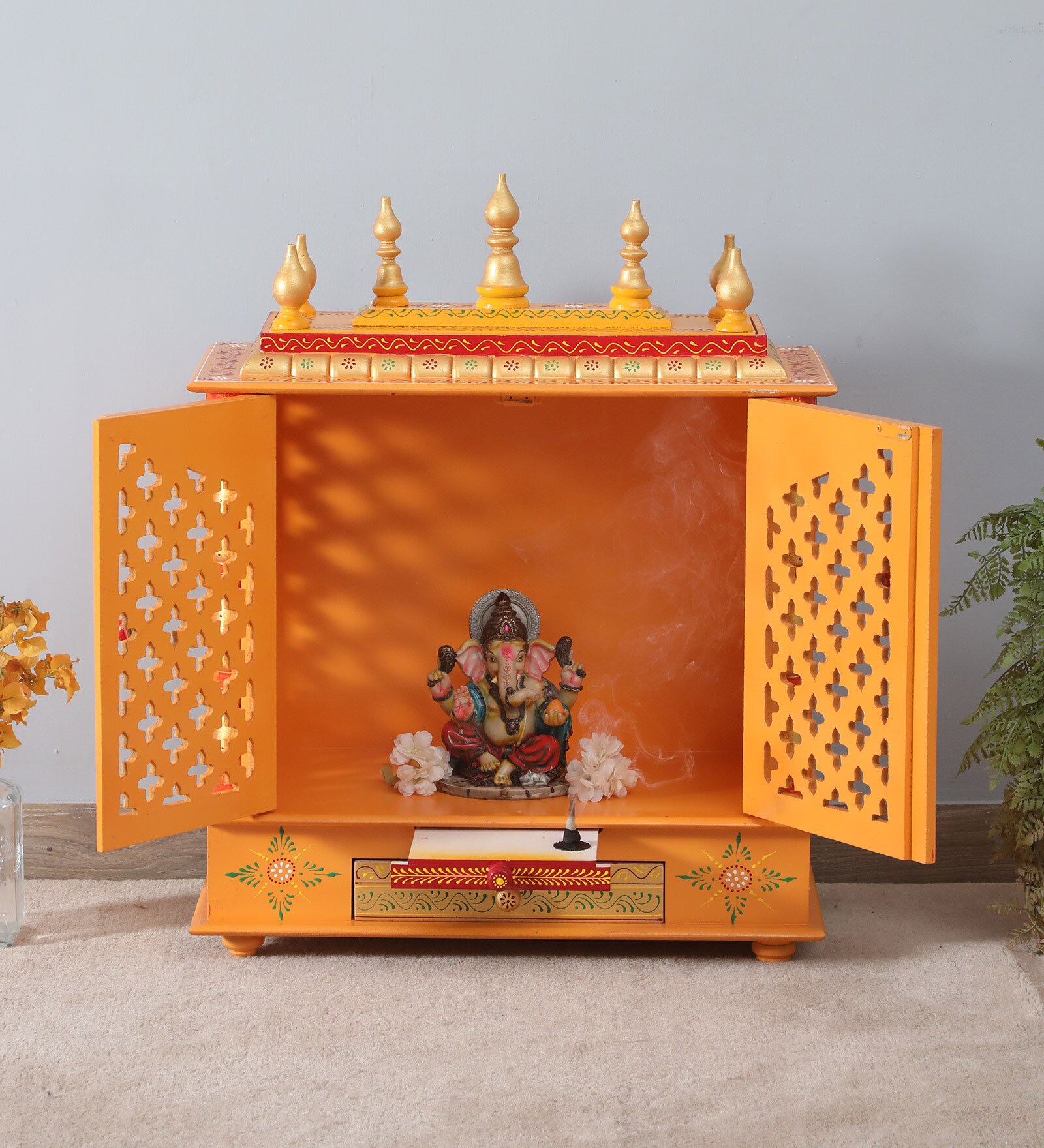 Multicolor Sheesham Wood & MDF Floor Rested Mandir With Door