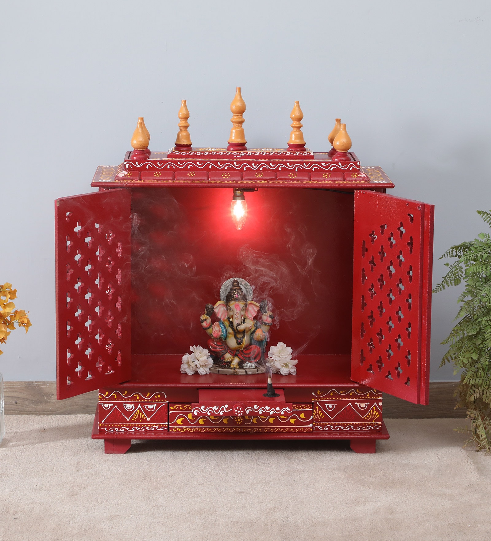 Multicolor Sheesham Wood & MDF Floor Rested Mandir With Door