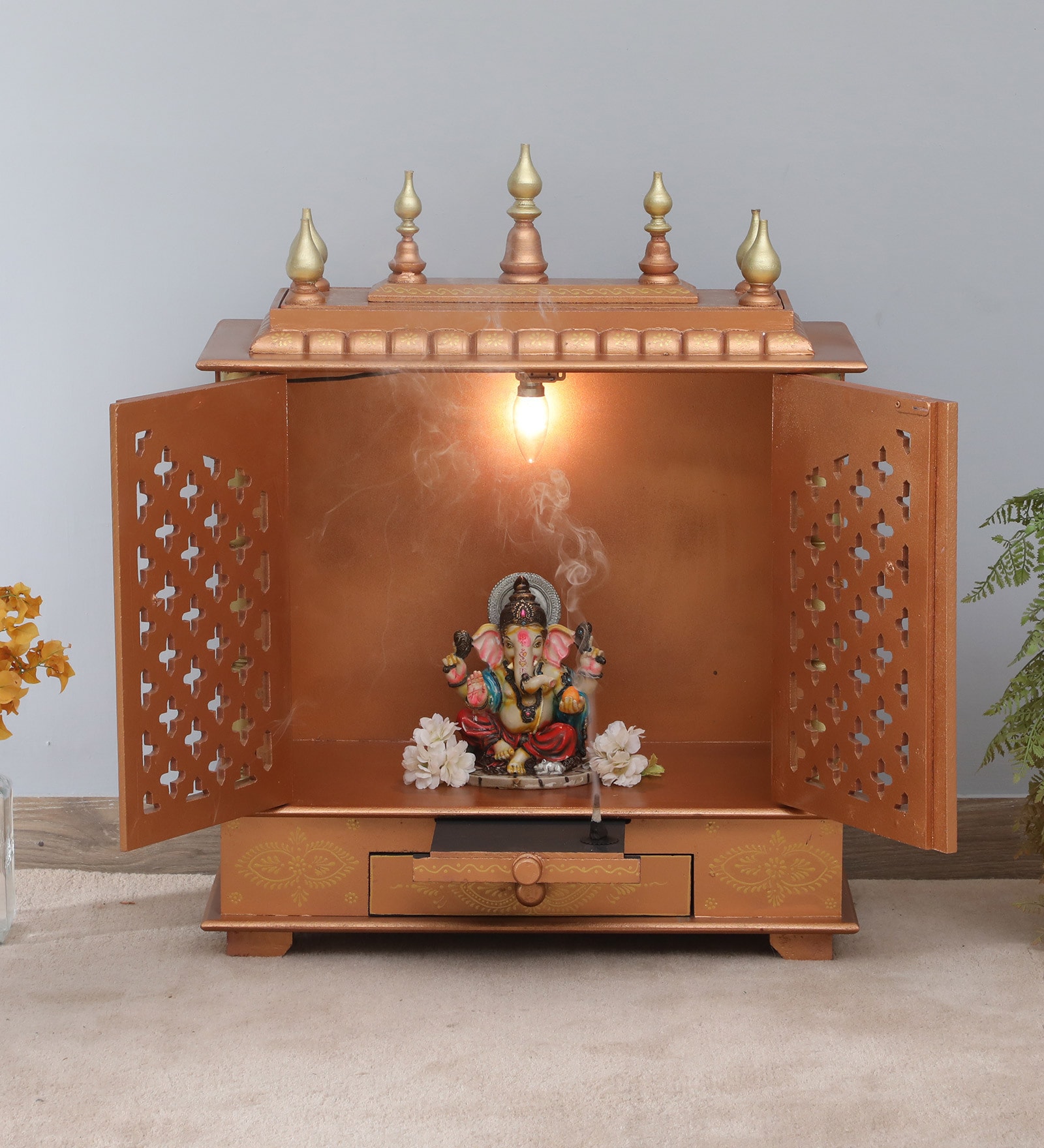 Multicolor Sheesham Wood & MDF Floor Rested Mandir With Door