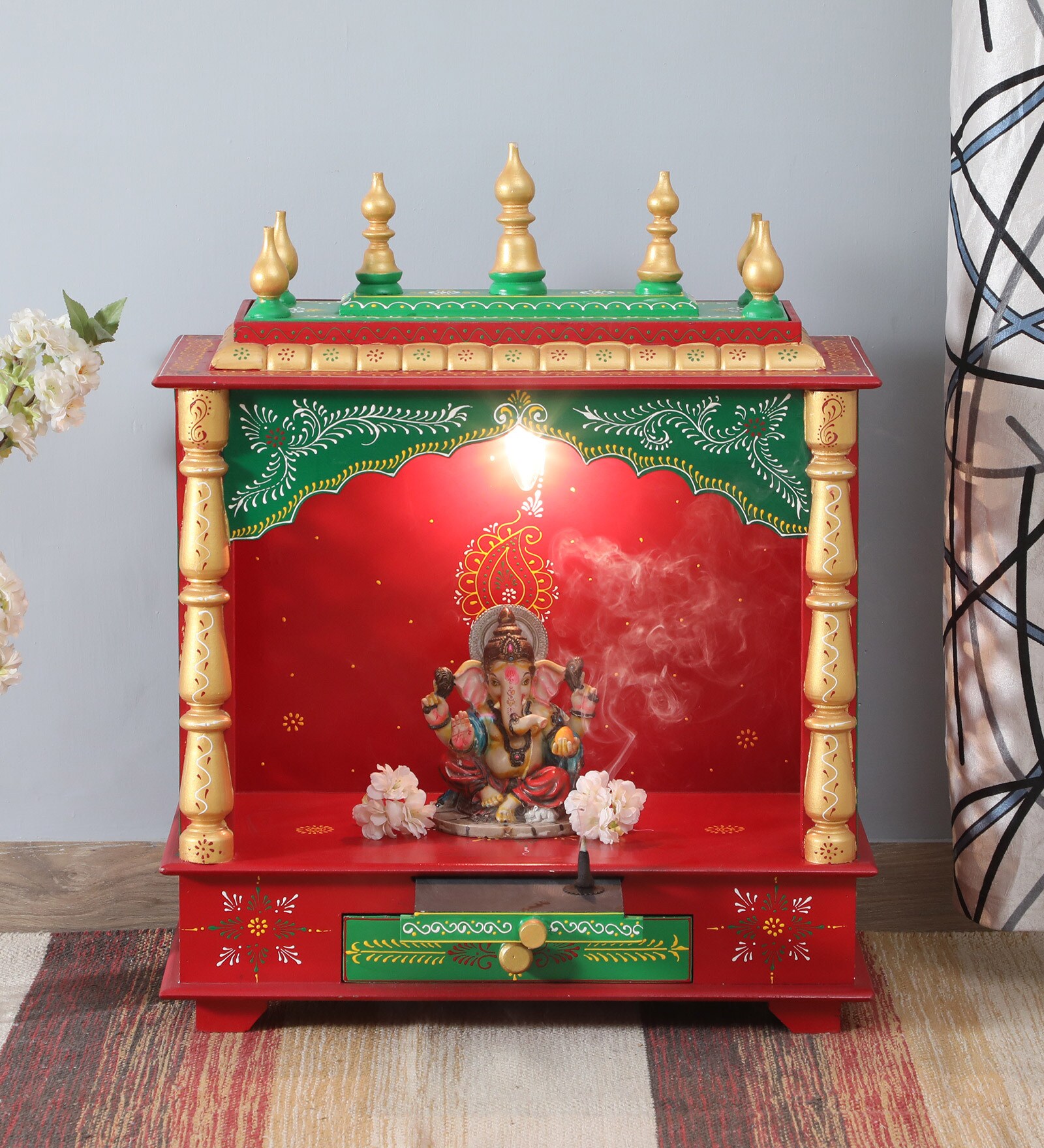 Buy Multicolor Sheesham Wood & MDF Floor Rested Mandir Without Door at