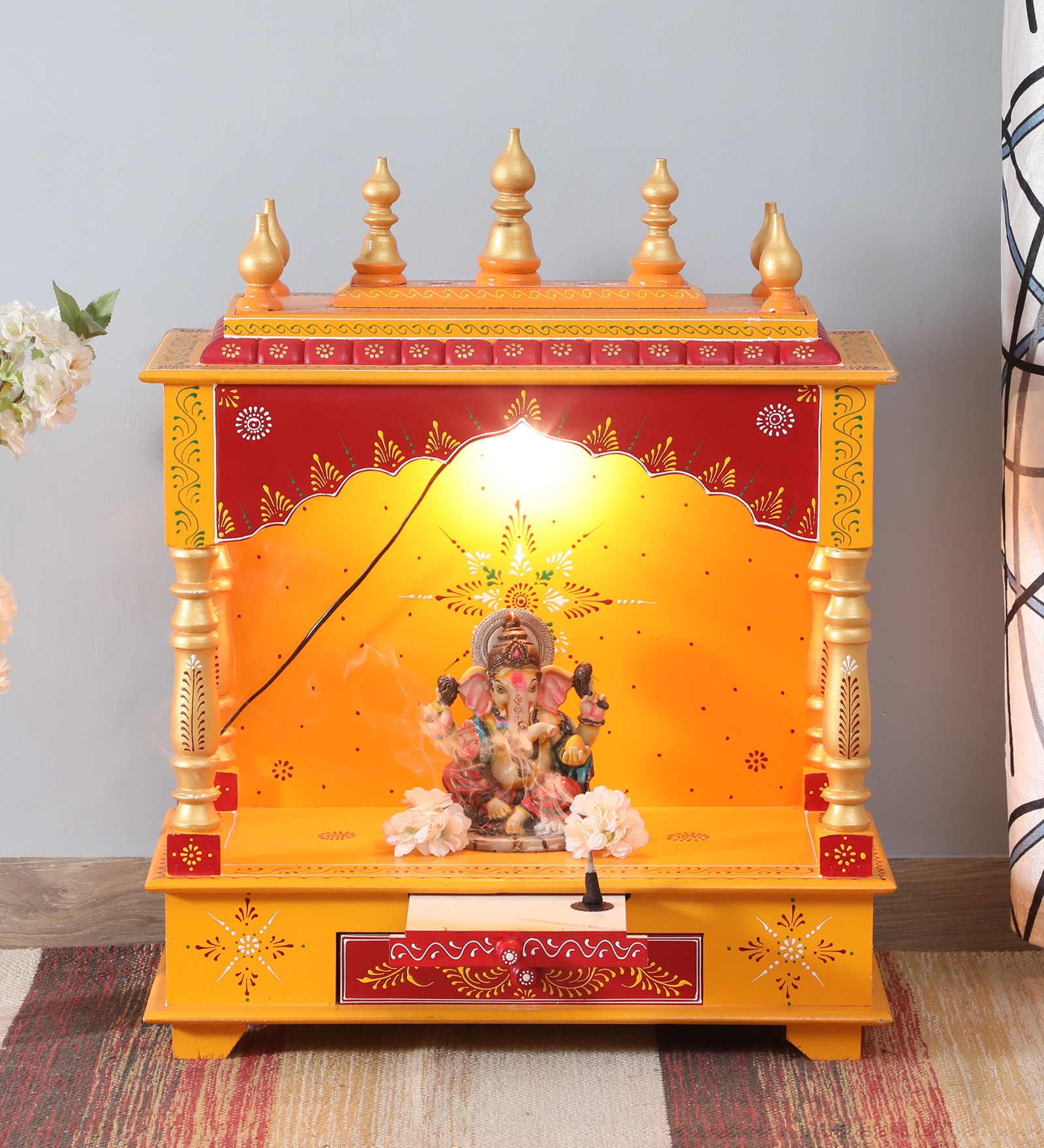 Multicolor Sheesham Wood & MDF Floor Rested Mandir Without Door
