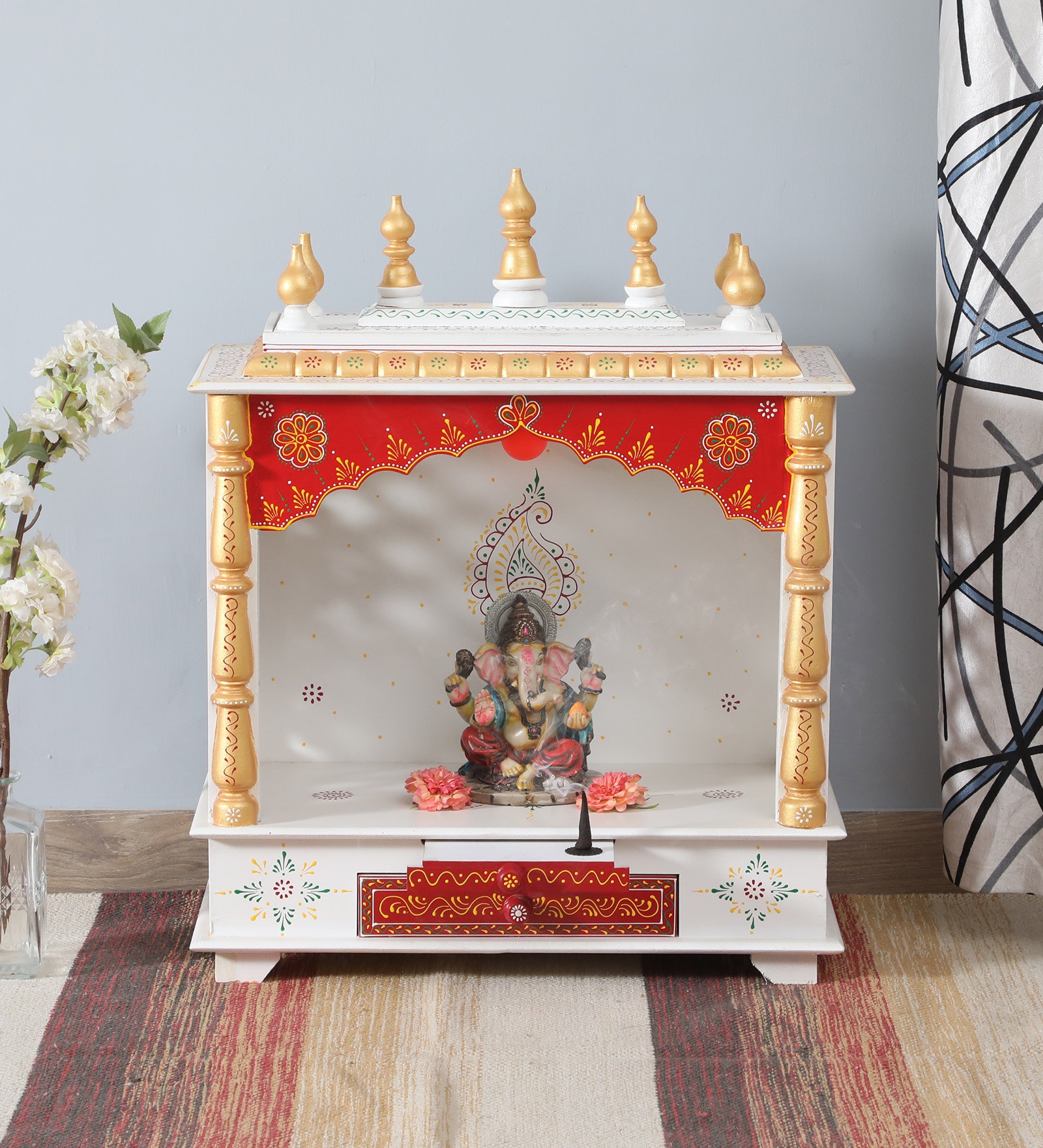 White And Gold Sheesham Wood Floor Rested Mandir Without Door