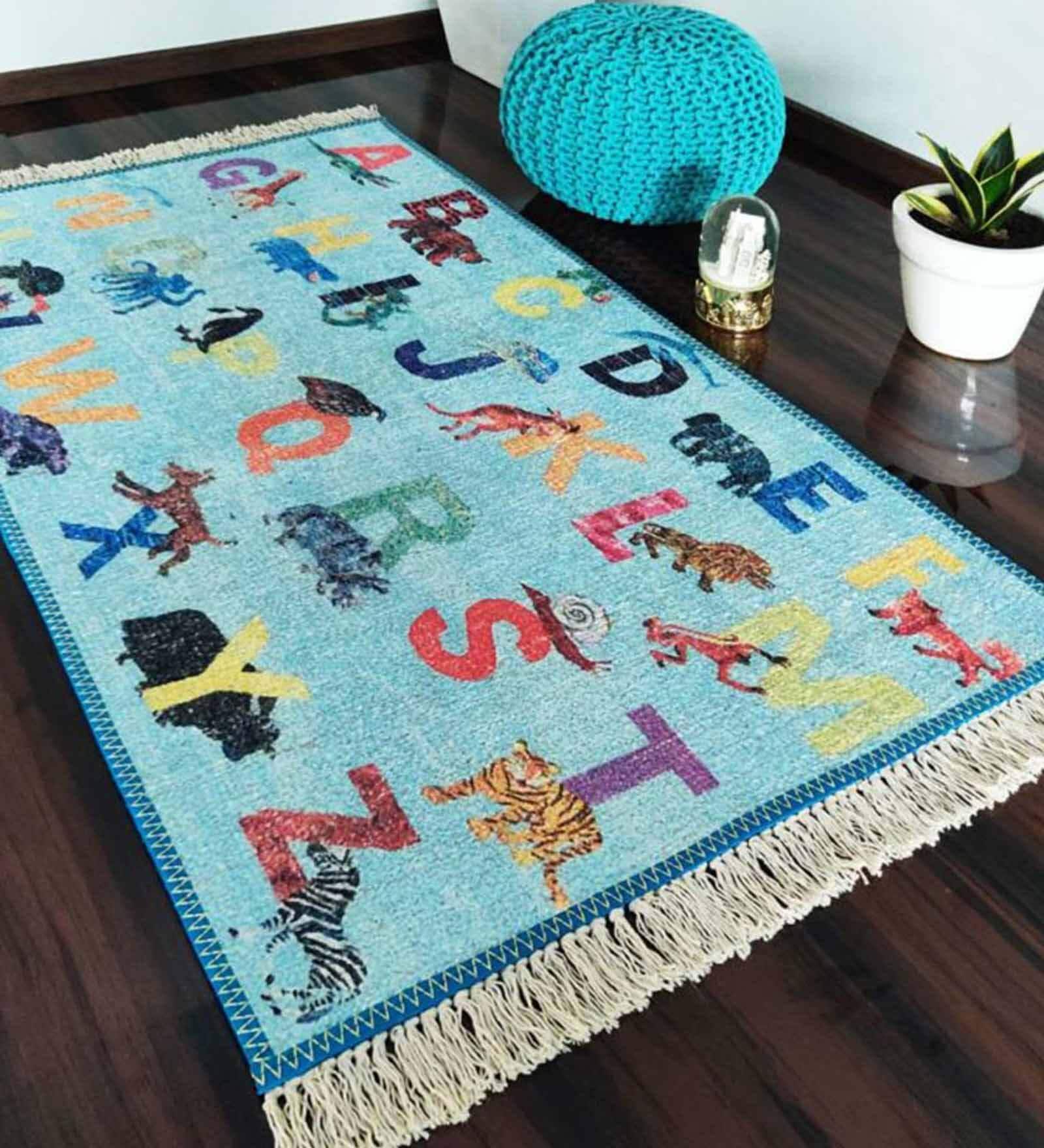 Multicolor Textual Silk 3 ft x 5 ft Kids Carpet