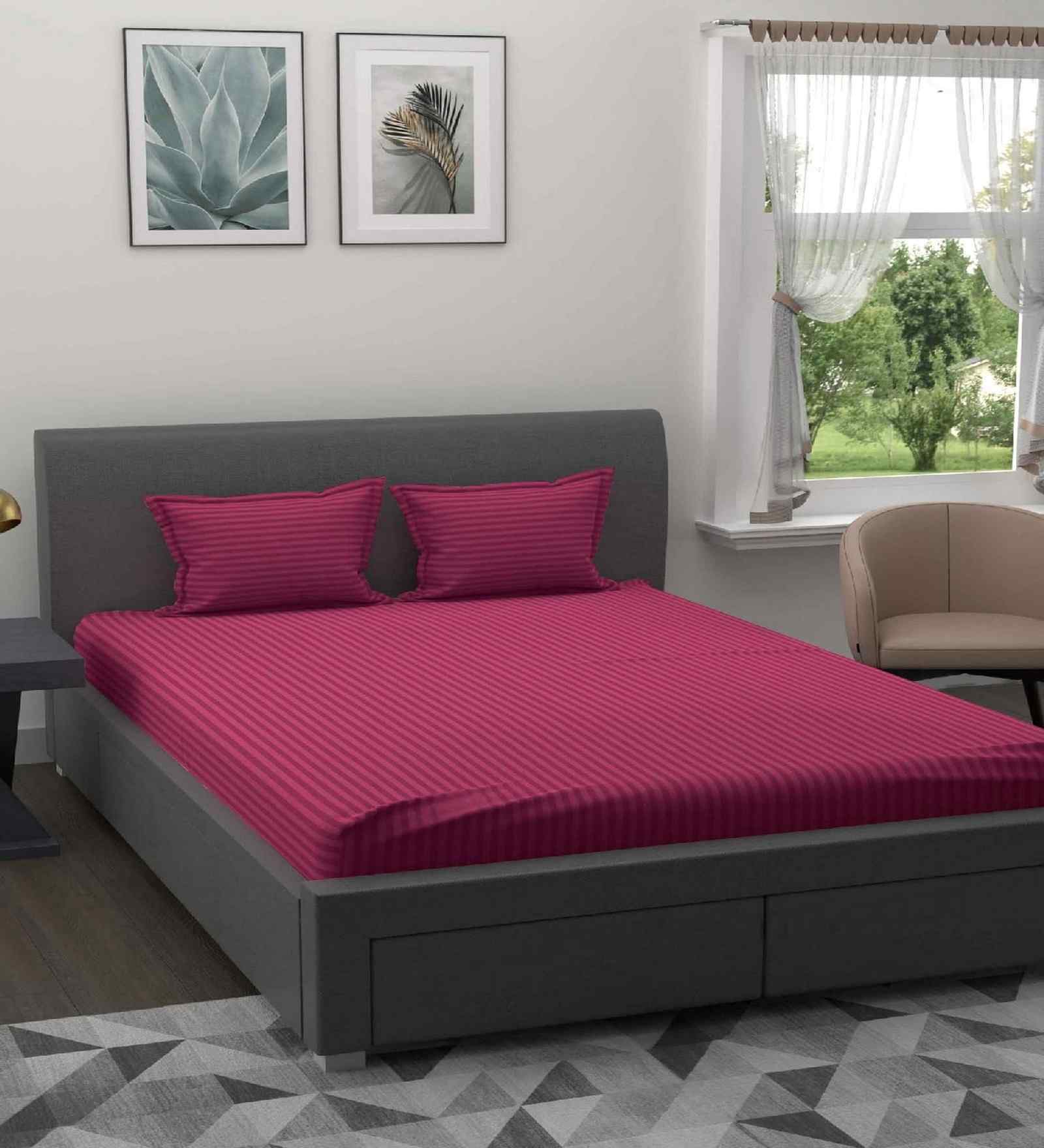 Dark Pink Solid 180 TC Cotton King Sized Bedsheet with 2 Pillow Covers
