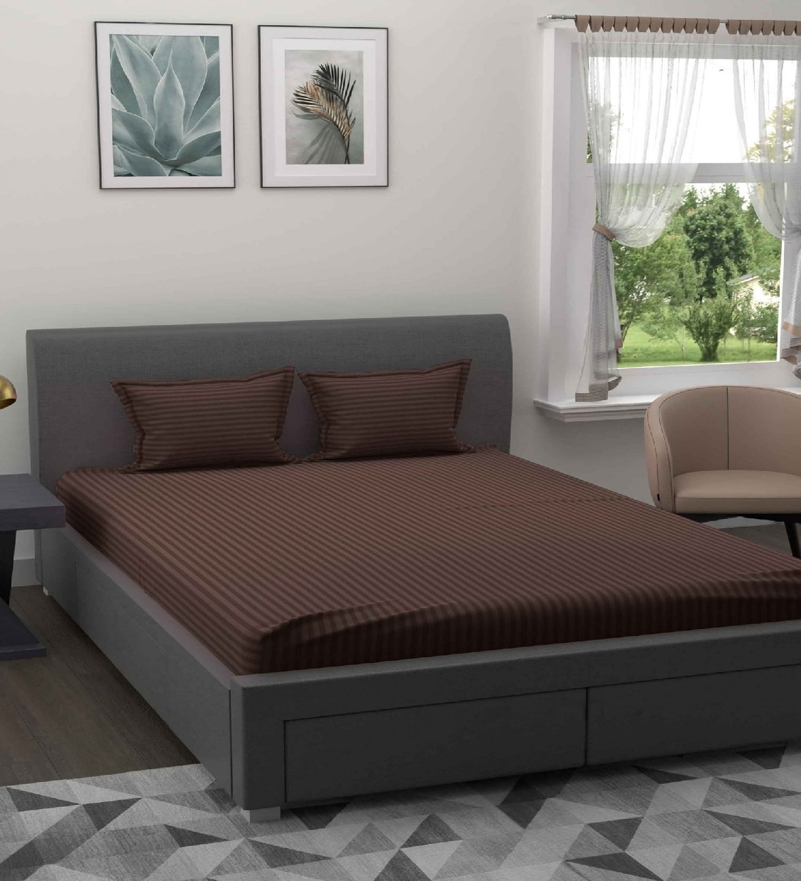 Brown Solid 180 TC Cotton King Sized Bedsheet with 2 Pillow Covers