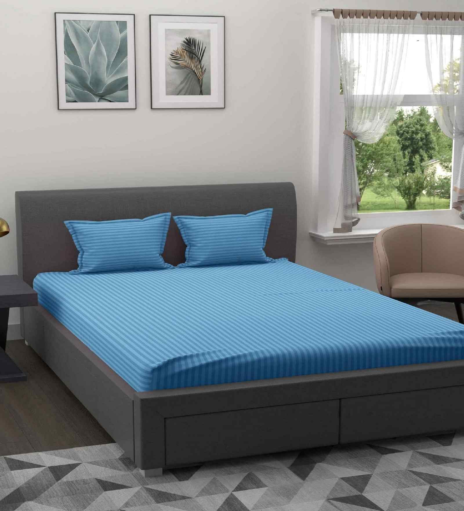 Blue Solid 180 TC Cotton King Sized Bedsheet with 2 Pillow Covers