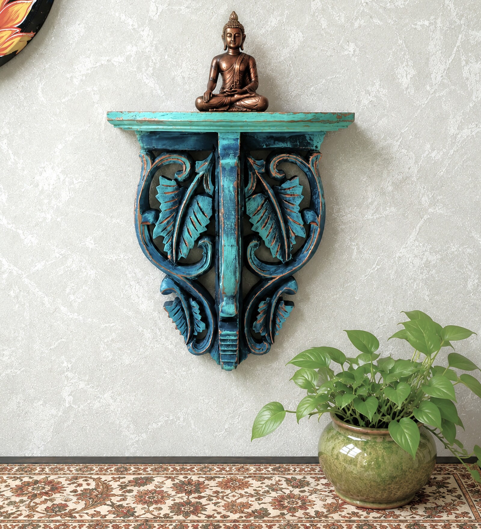 Green Solid Wood Handcarved Harita Patra Floating Wall Shelf With Distressed Finish