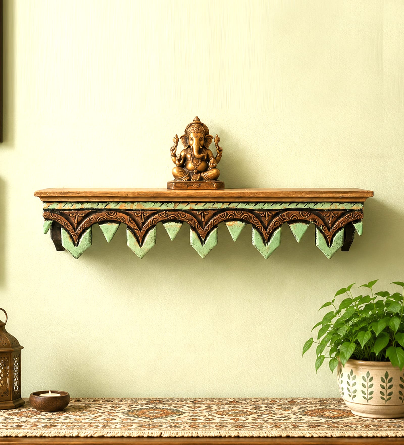 Brown Solid Wood Handcarved Vistara Dvaita Floating Wall Shelf With Distressed Finish